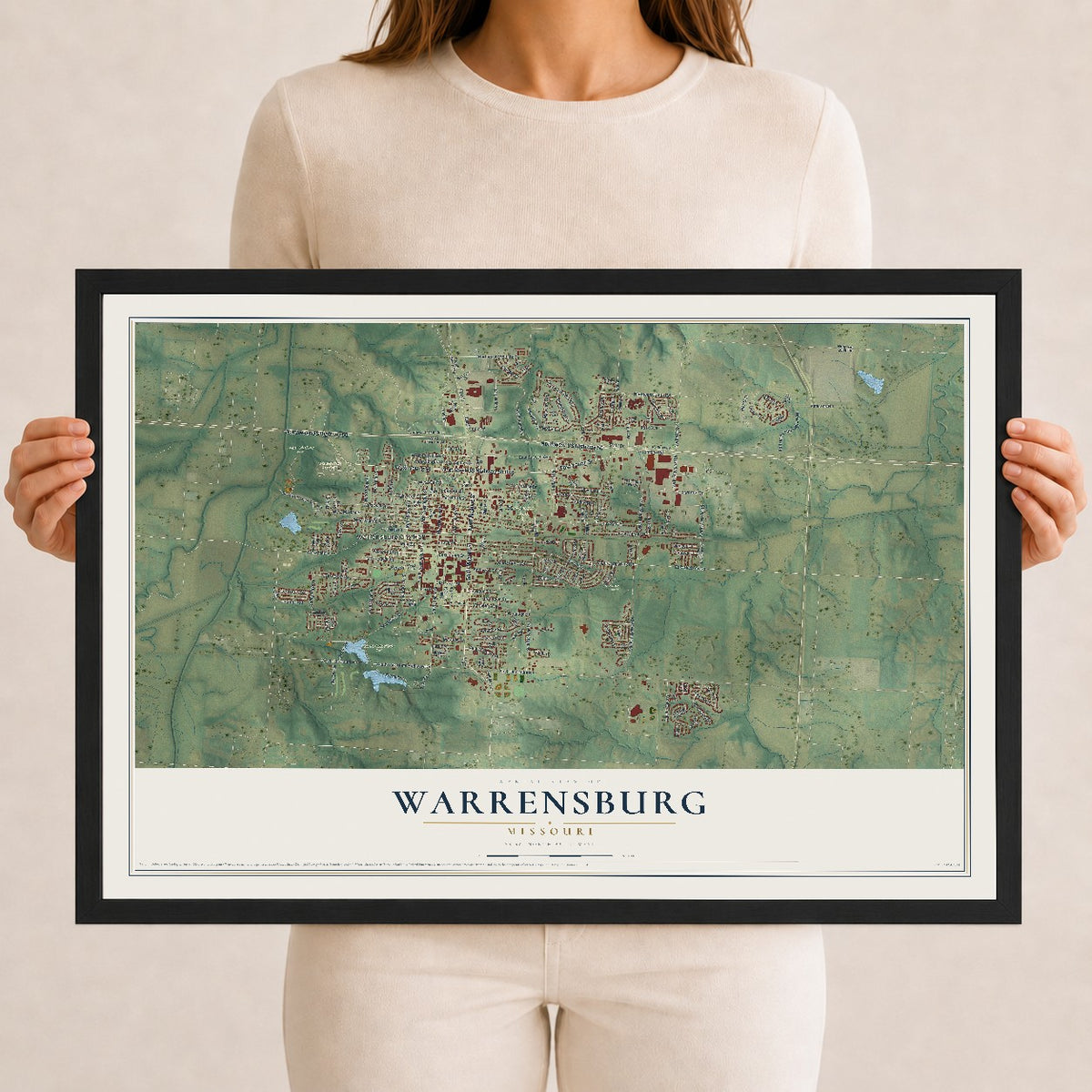 Map of Warrensburg, Missouri, 12 x 18 inch print in a black wood frame