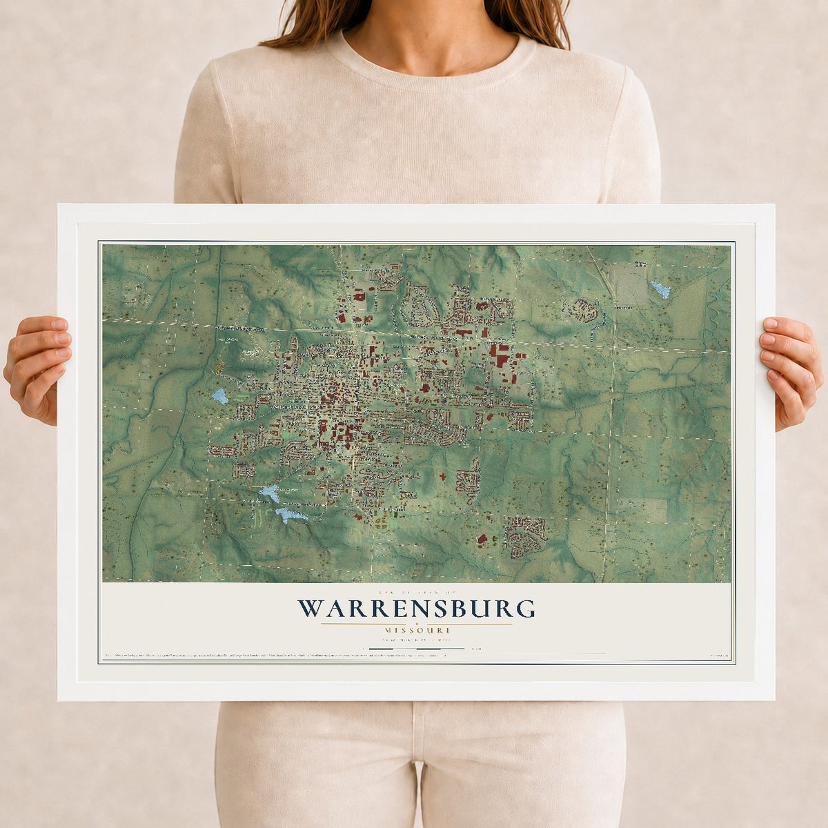 Map of Warrensburg, Missouri, 12 x 18 inch print in a white wood frame