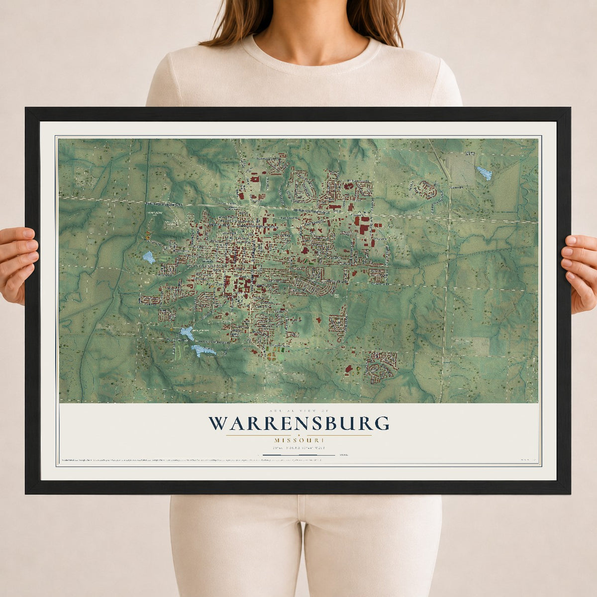 Map of Warrensburg, Missouri, 18 x 24 inch print in a black wood frame