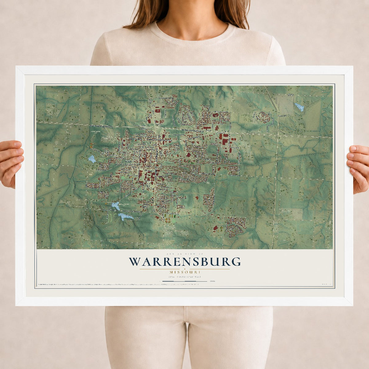 Map of Warrensburg, Missouri, 18 x 24 inch print in a white wood frame