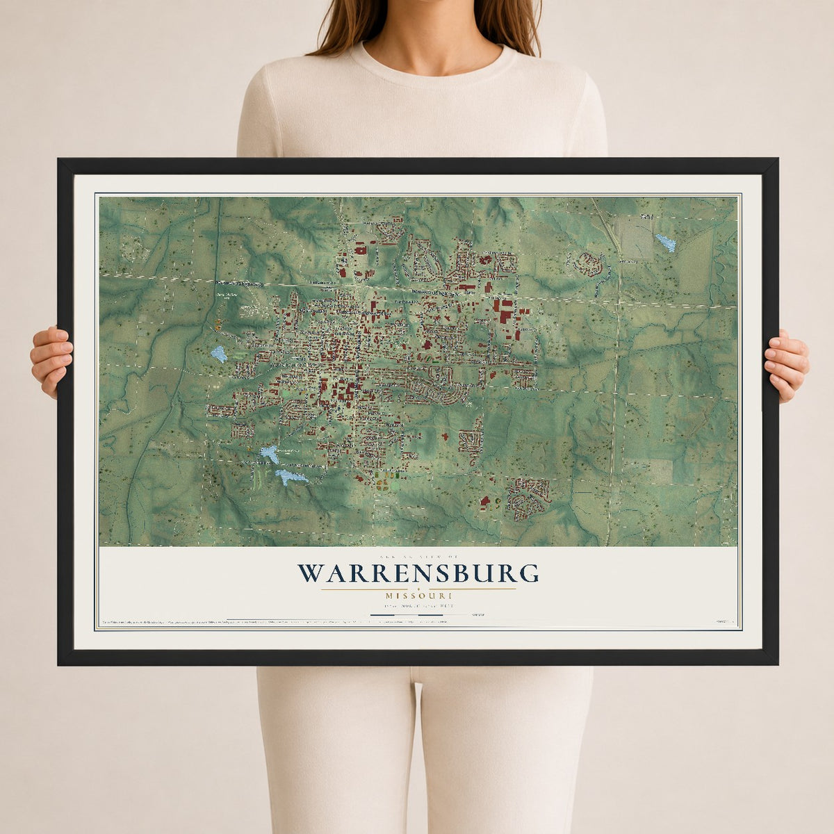 Map of Warrensburg, Missouri, 24 x 36 inch print in a black wood frame