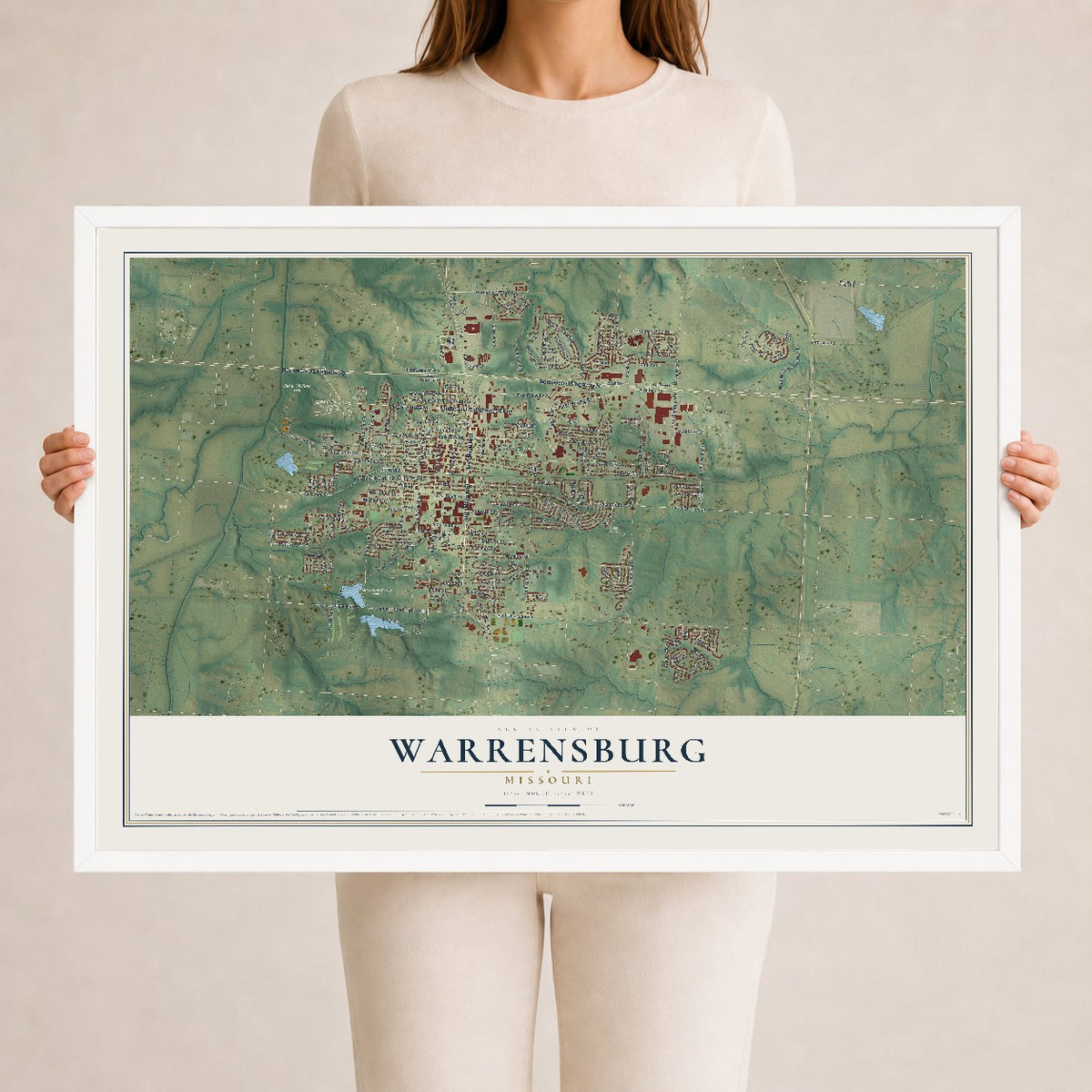 Map of Warrensburg, Missouri, 24 x 36 inch print in a white wood frame