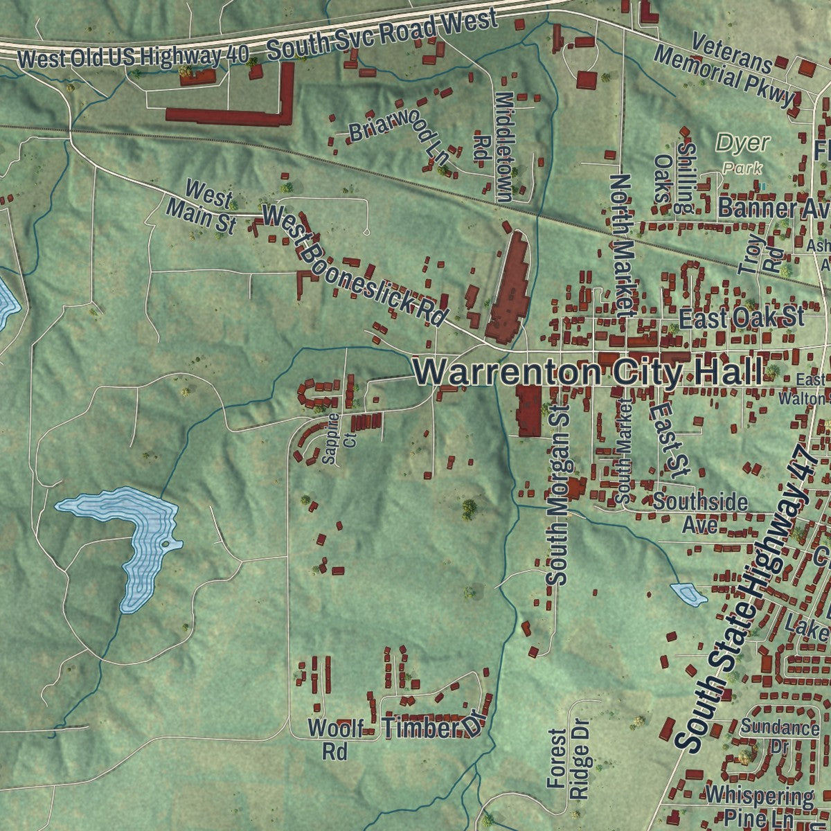 Close-up of the map of Warrenton, Missouri print showing street and building detail
