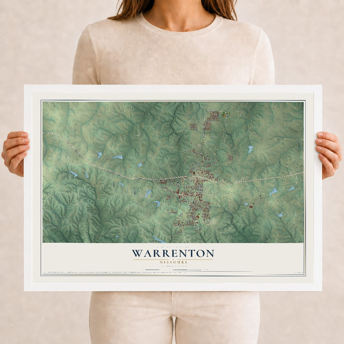 Map of Warrenton, Missouri, 12 x 18 inch print in a white wood frame