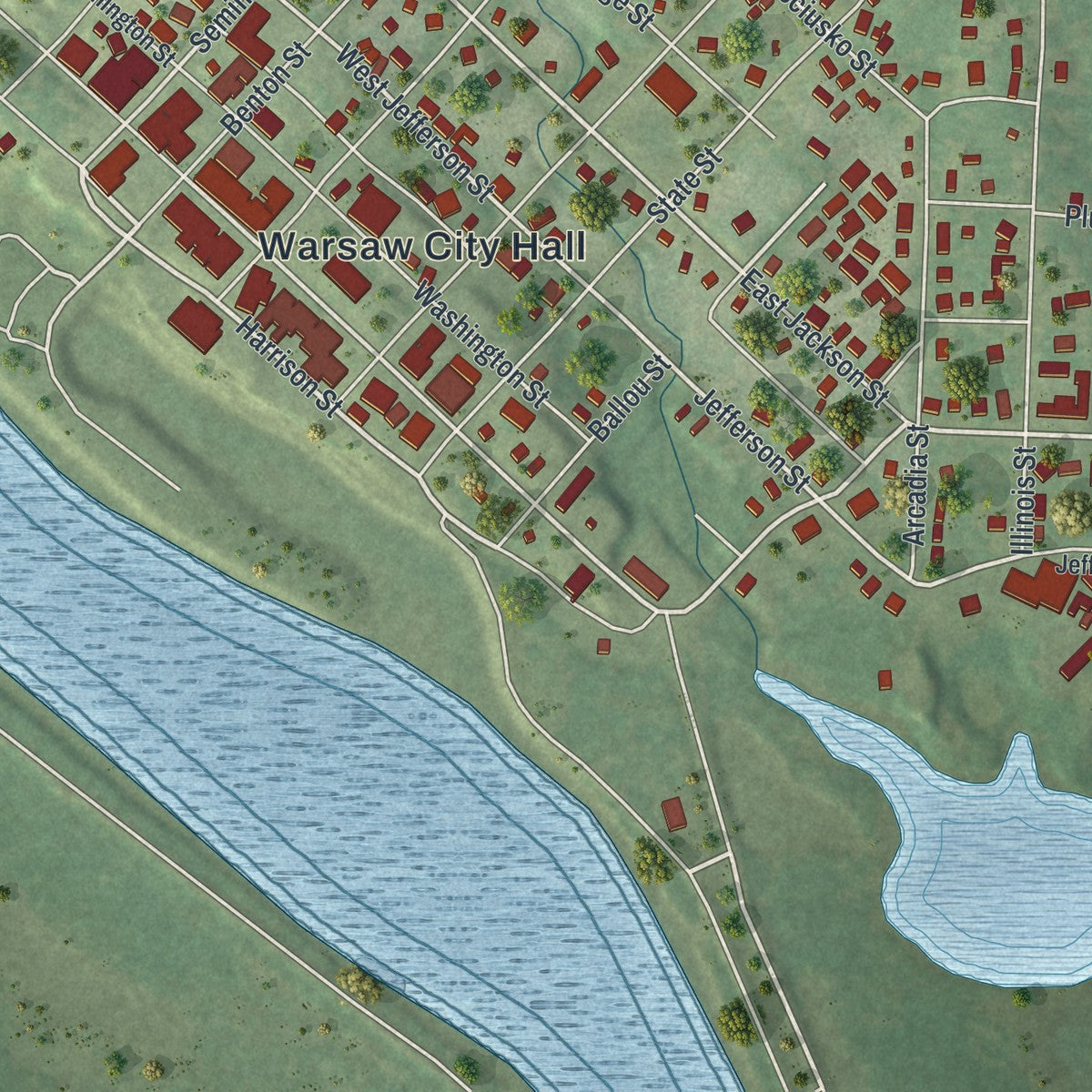 Close-up of the map of Warsaw, Missouri print showing street and building detail