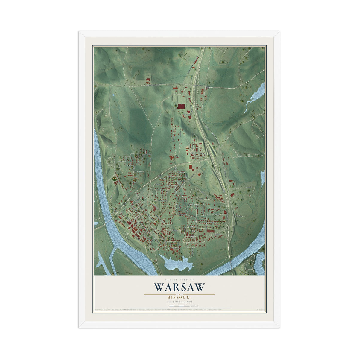 Map of Warsaw, Missouri, 12 x 18 inch print in a white wood frame