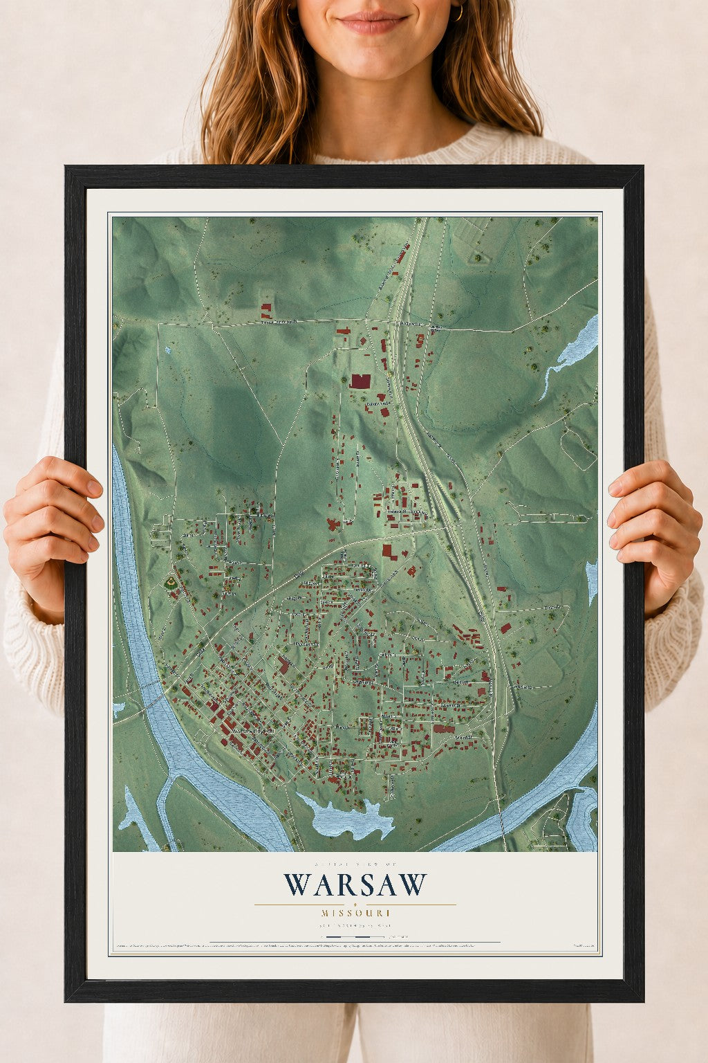 Map of Warsaw, Missouri, 18 x 24 inch print in a black wood frame