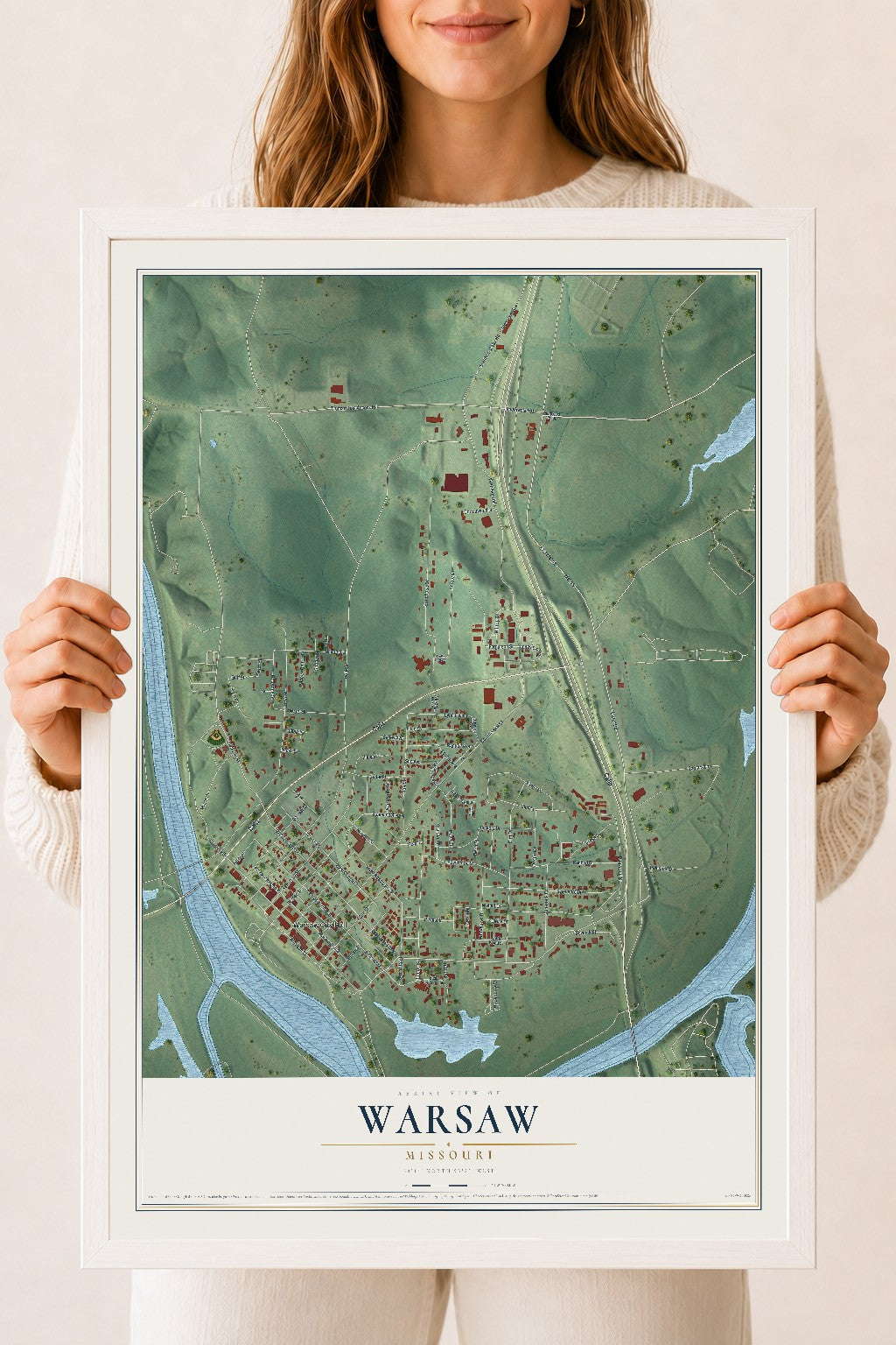 Map of Warsaw, Missouri, 18 x 24 inch print in a white wood frame