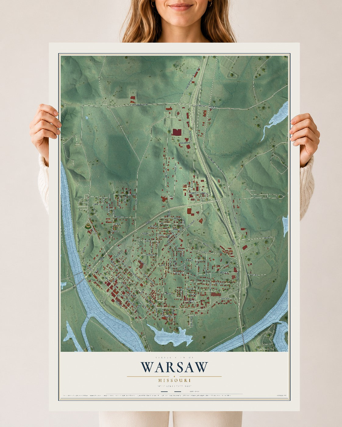 Map of Warsaw, Missouri, 24 x 36 inch unframed archival matte print
