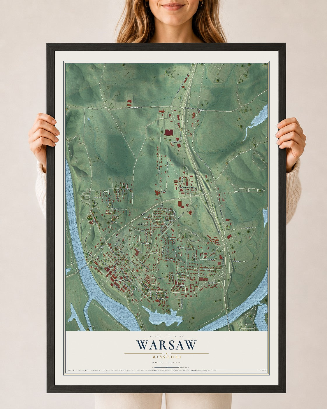 Map of Warsaw, Missouri, 24 x 36 inch print in a black wood frame