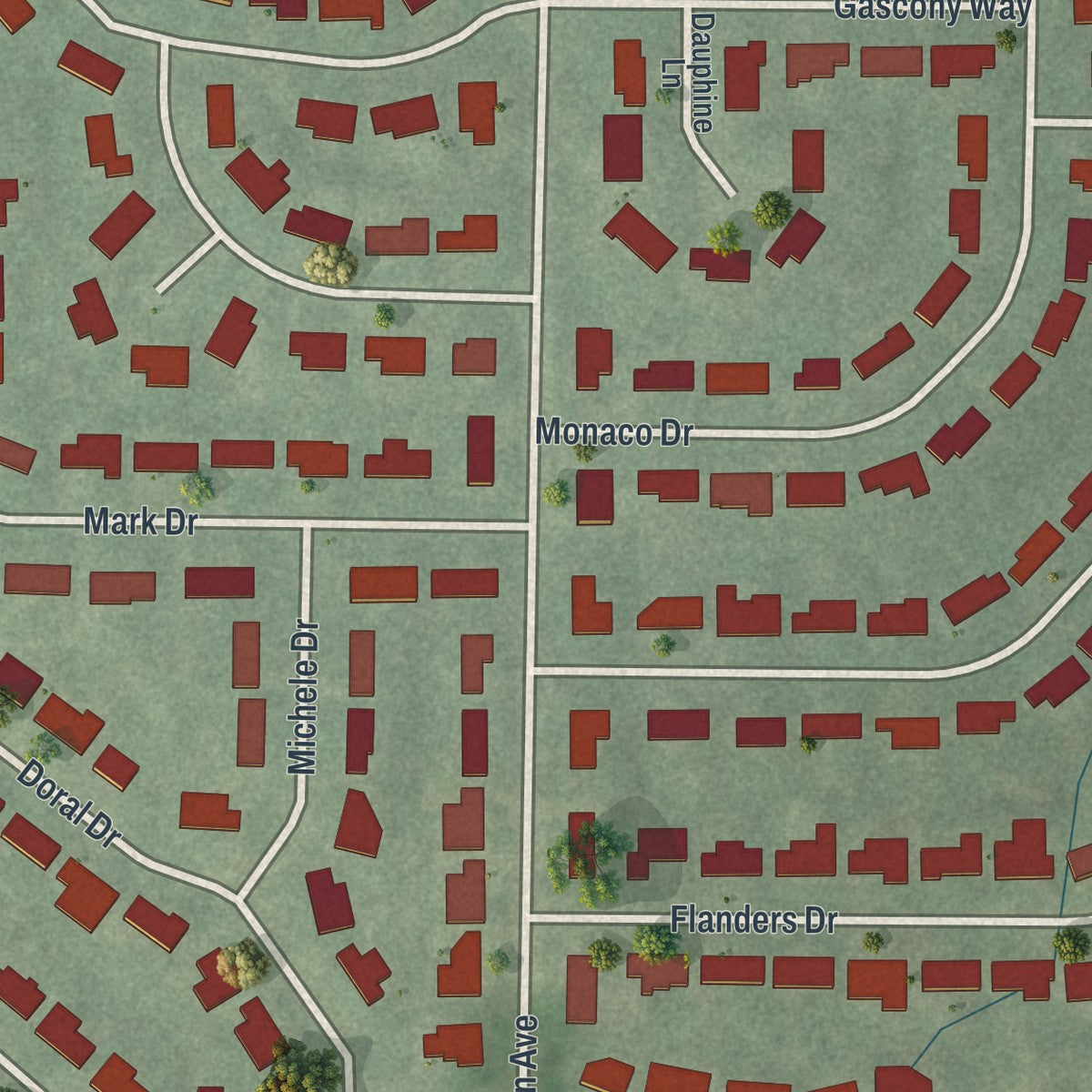 Close-up of the map of Warson Woods, Missouri print showing street and building detail
