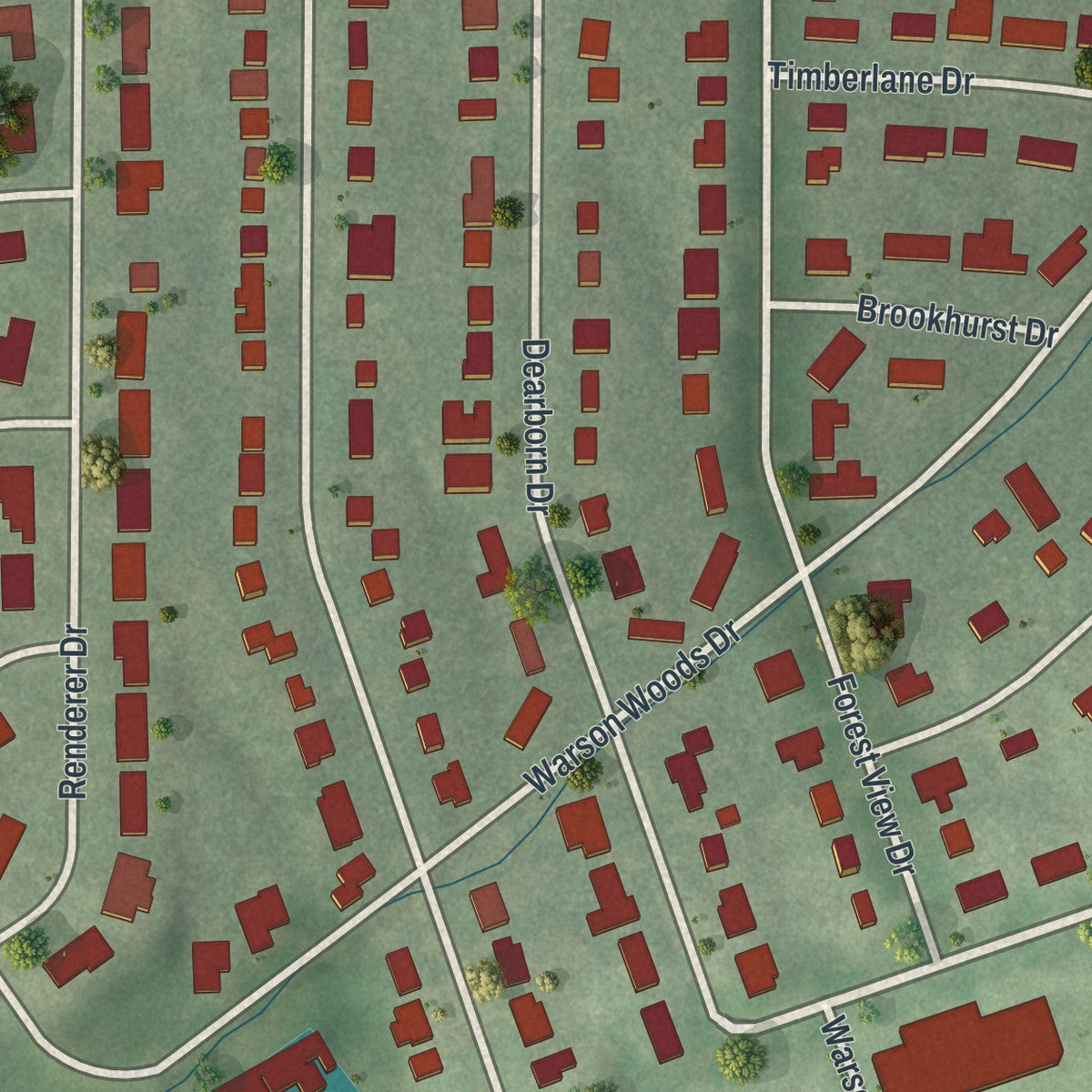 Second close-up of the map of Warson Woods, Missouri print showing more streets and buildings