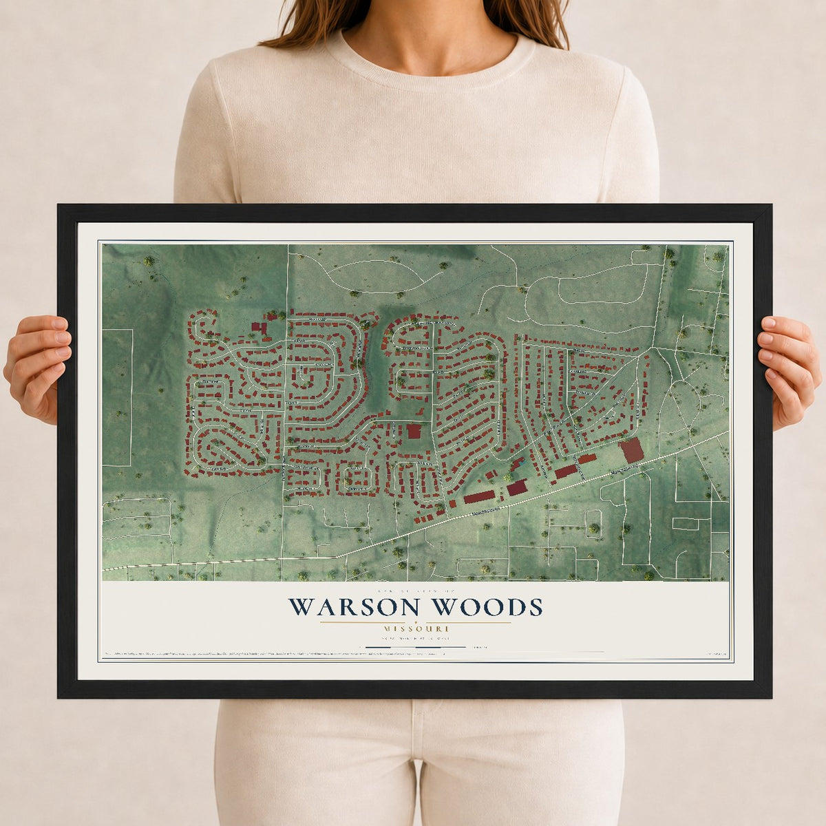 Map of Warson Woods, Missouri, 12 x 18 inch print in a black wood frame