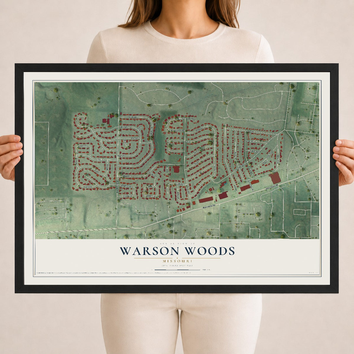 Map of Warson Woods, Missouri, 18 x 24 inch print in a black wood frame