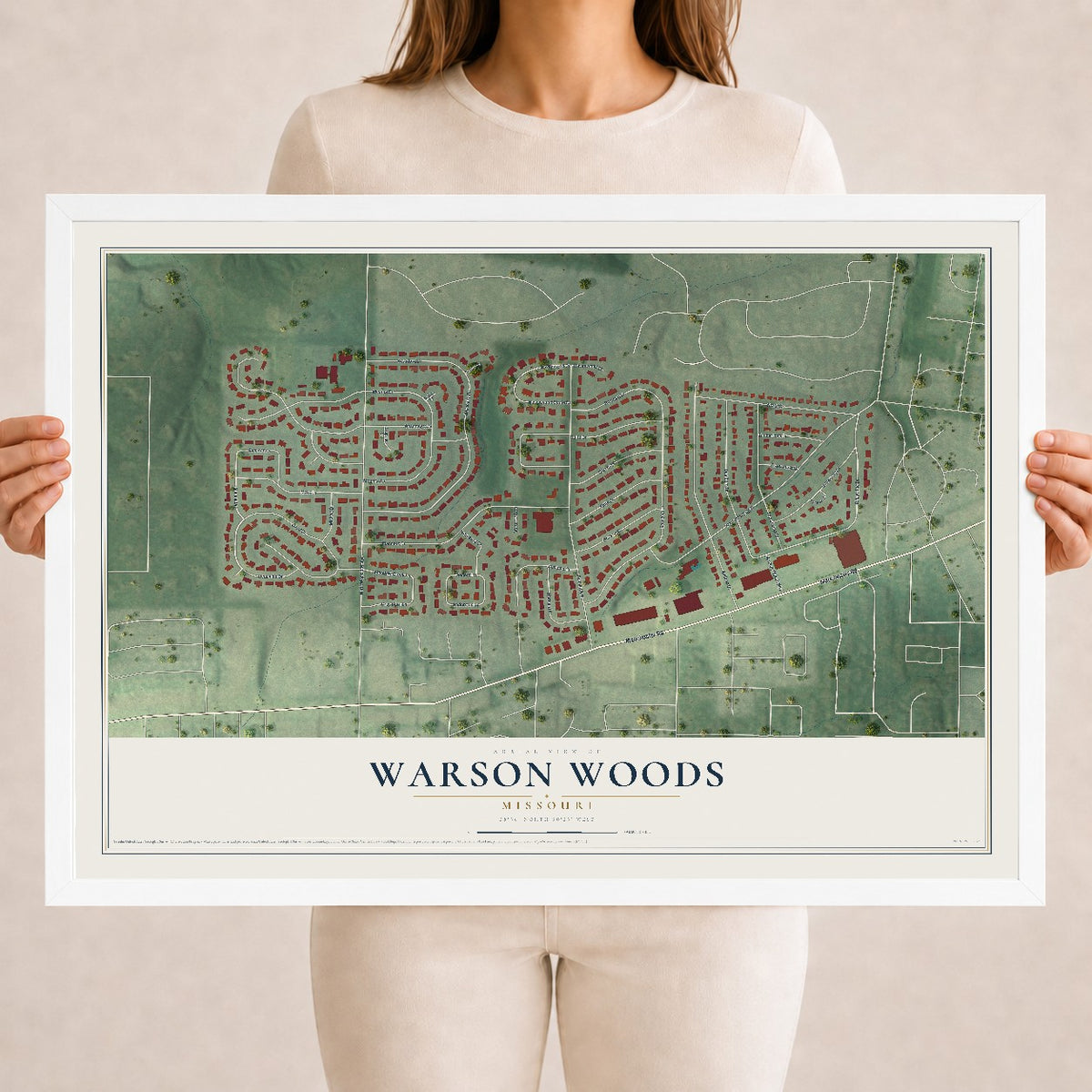 Map of Warson Woods, Missouri, 18 x 24 inch print in a white wood frame