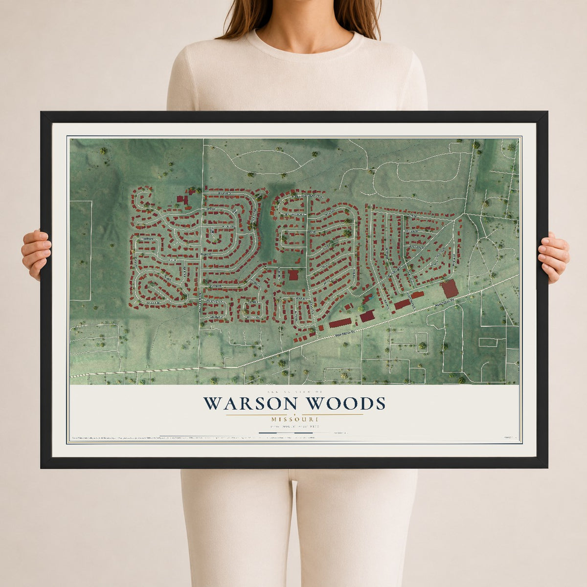 Map of Warson Woods, Missouri, 24 x 36 inch print in a black wood frame
