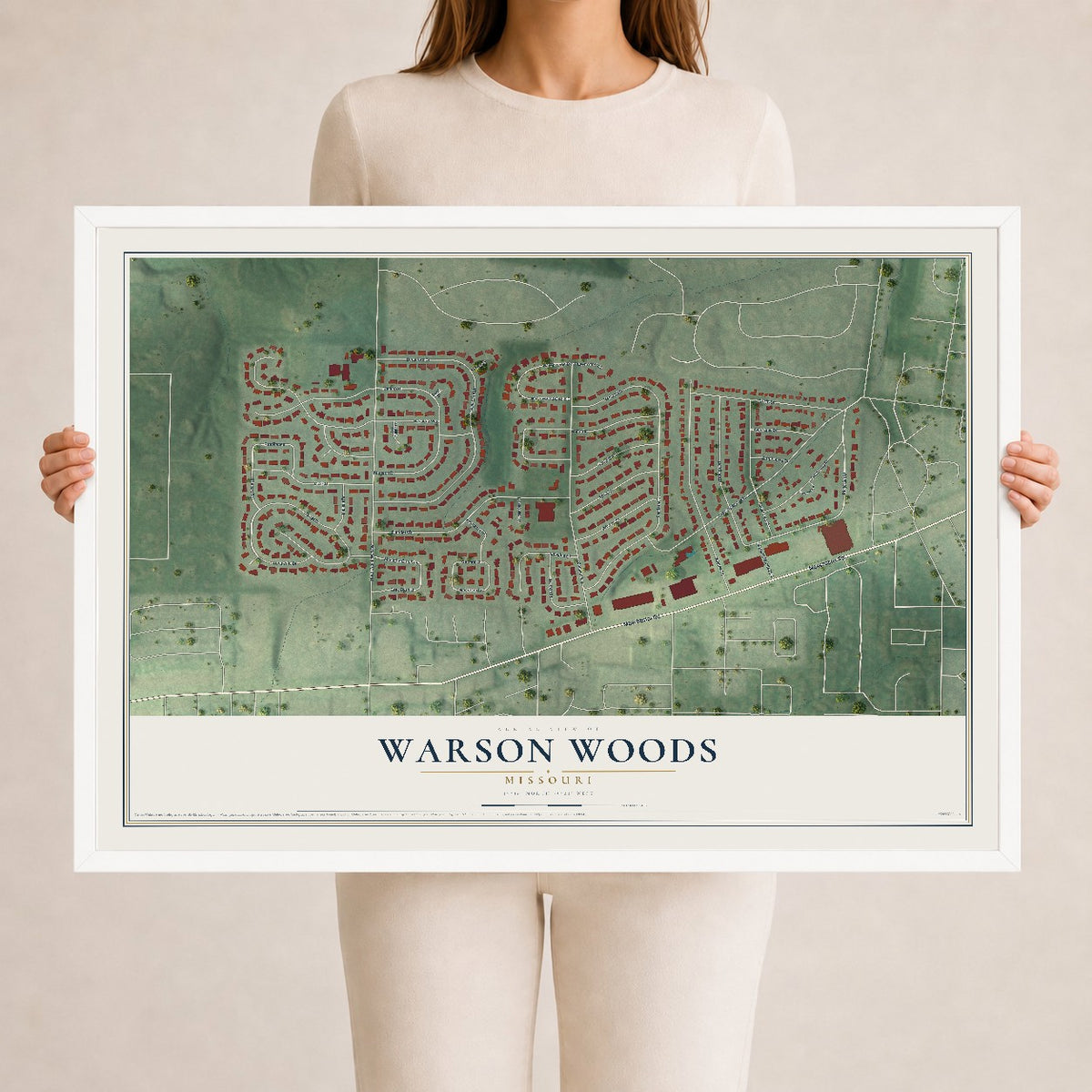 Map of Warson Woods, Missouri, 24 x 36 inch print in a white wood frame