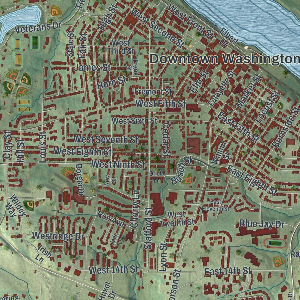 Close-up of the map of Washington, Missouri print showing street and building detail