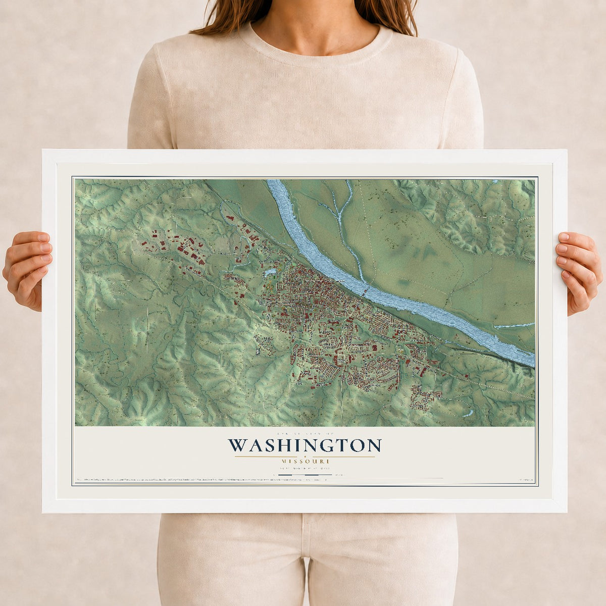 Map of Washington, Missouri, 12 x 18 inch print in a white wood frame
