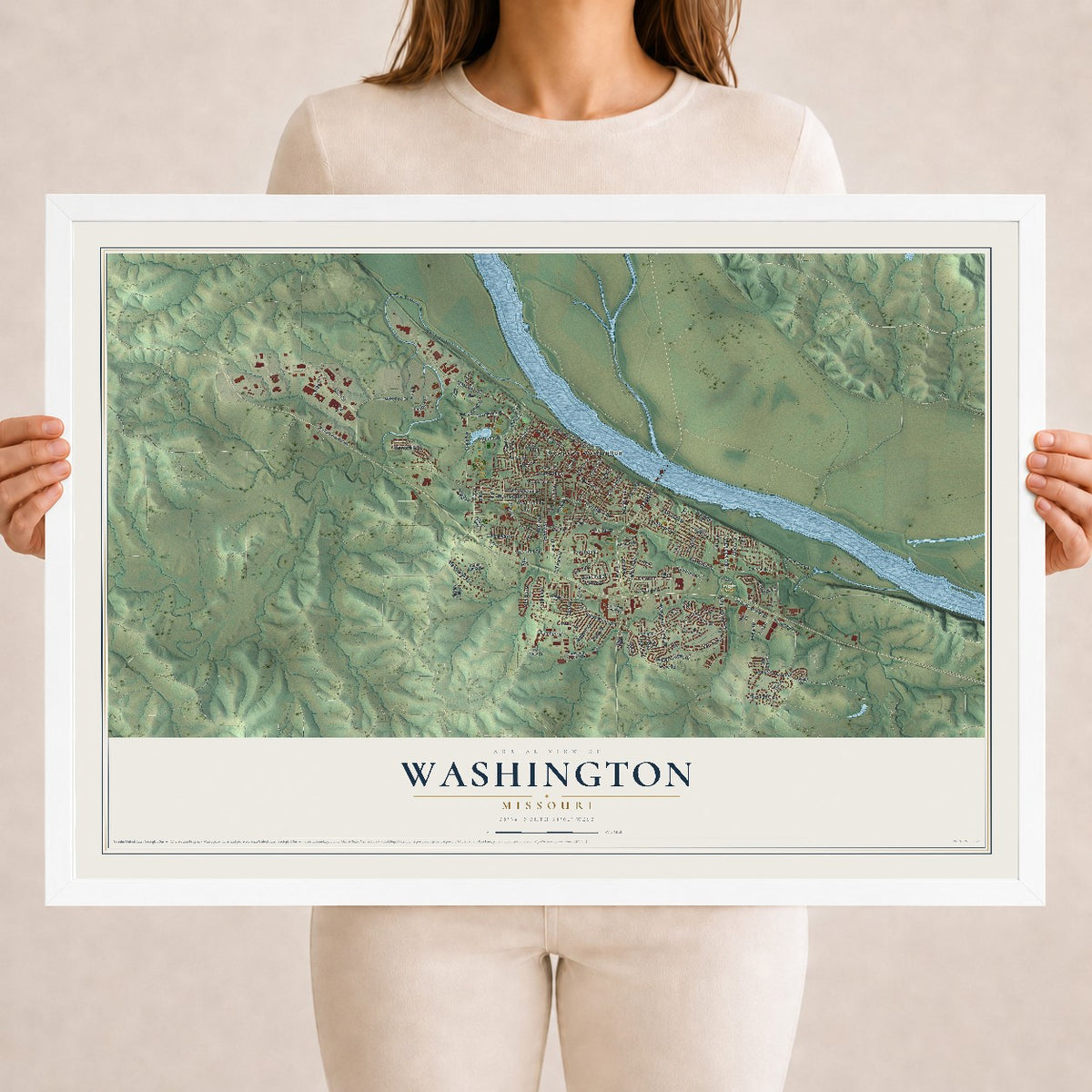 Map of Washington, Missouri, 18 x 24 inch print in a white wood frame