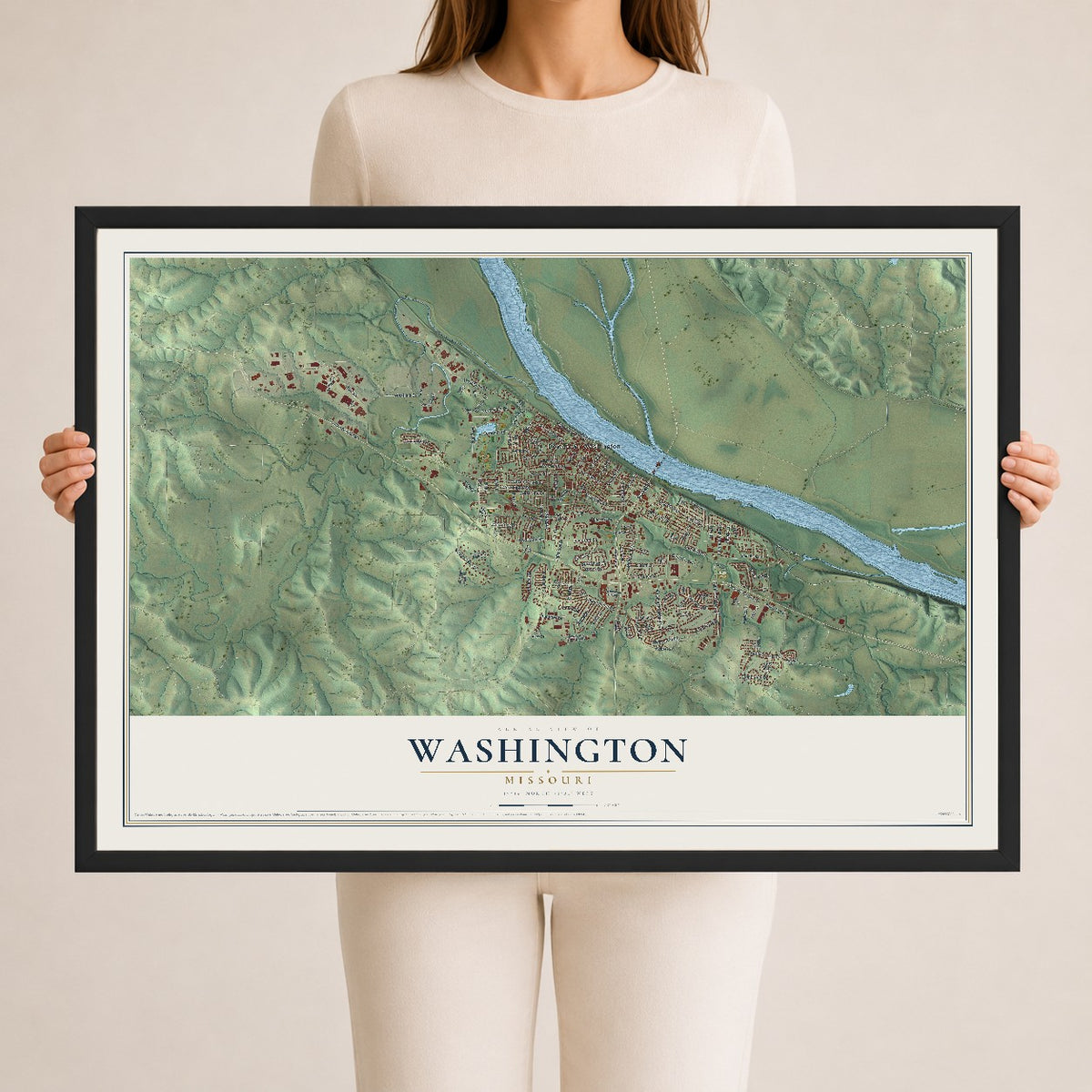 Map of Washington, Missouri, 24 x 36 inch print in a black wood frame