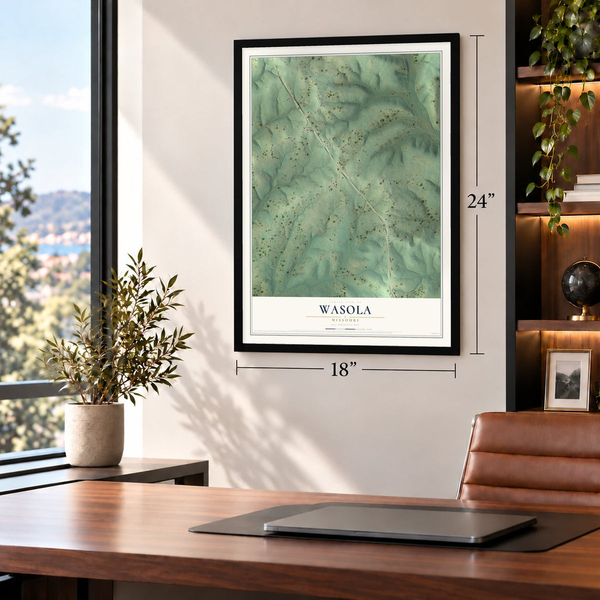 Wasola, Missouri map, 18 x 24 inch print in a black frame in a home office