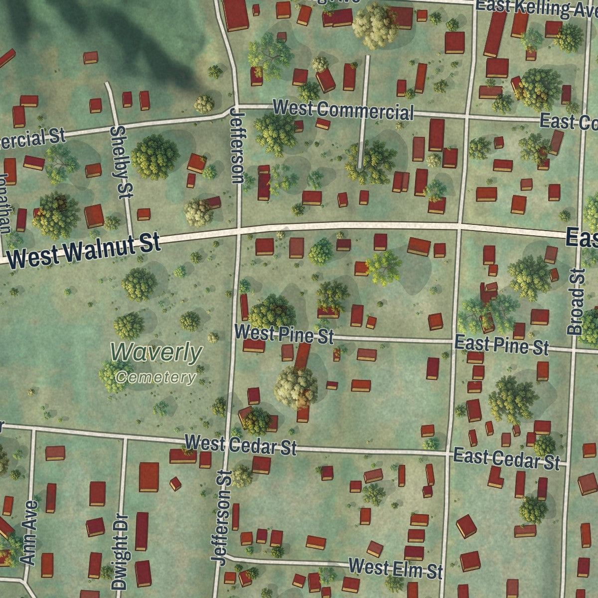 Close-up of the map of Waverly, Missouri print showing street and building detail