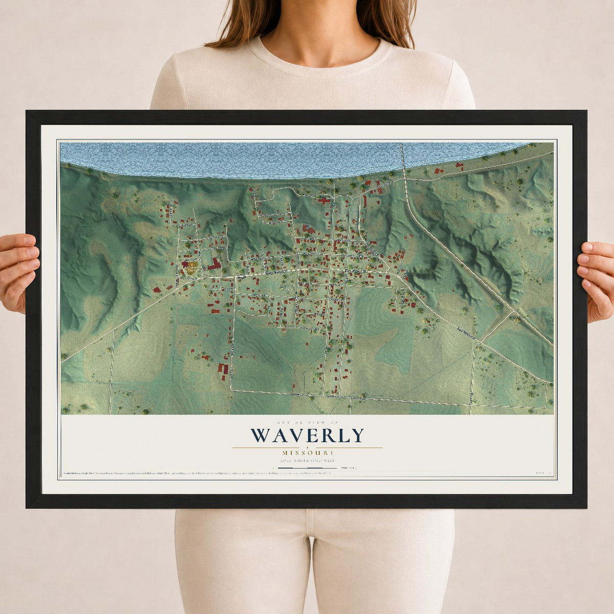 Map of Waverly, Missouri, 18 x 24 inch print in a black wood frame