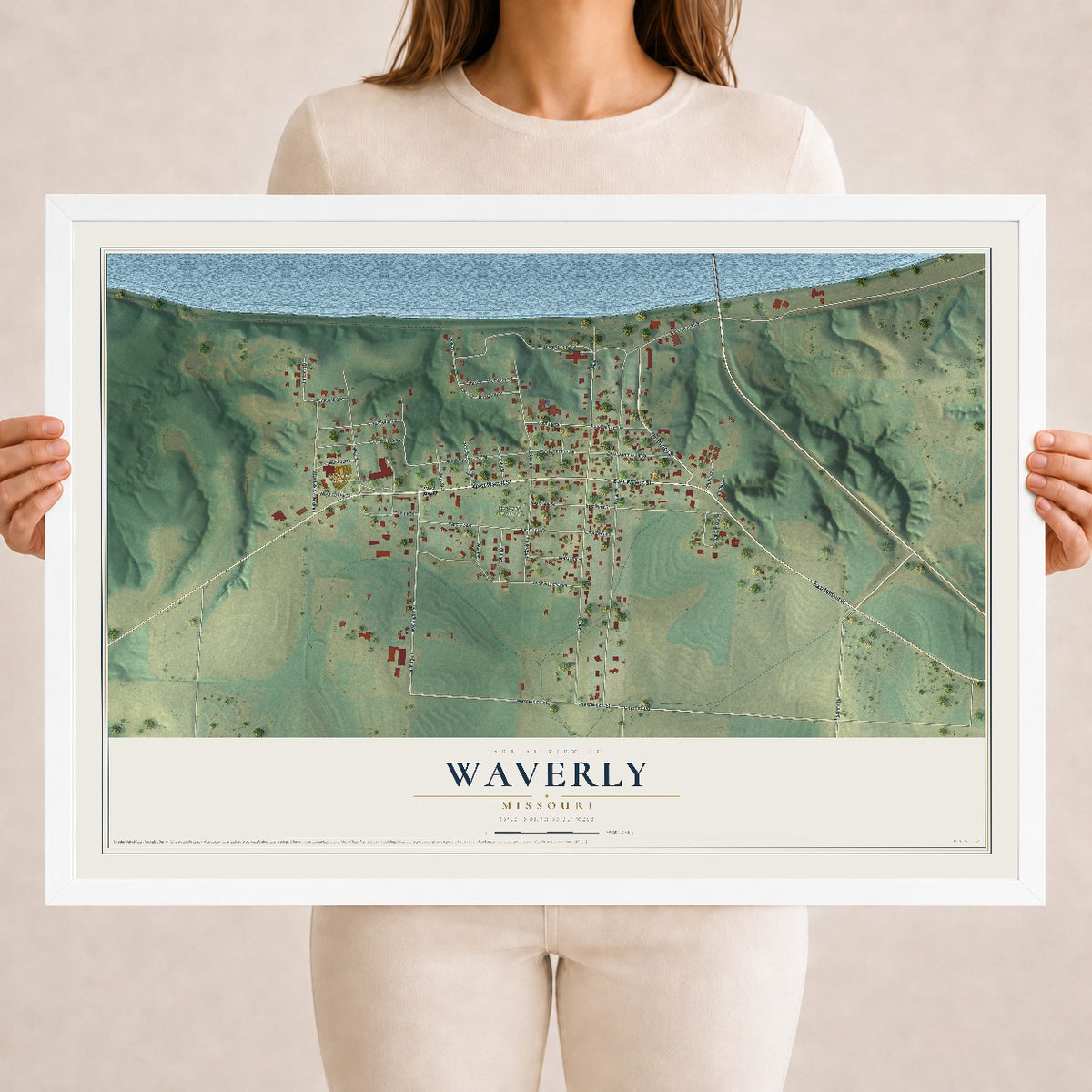 Map of Waverly, Missouri, 18 x 24 inch print in a white wood frame
