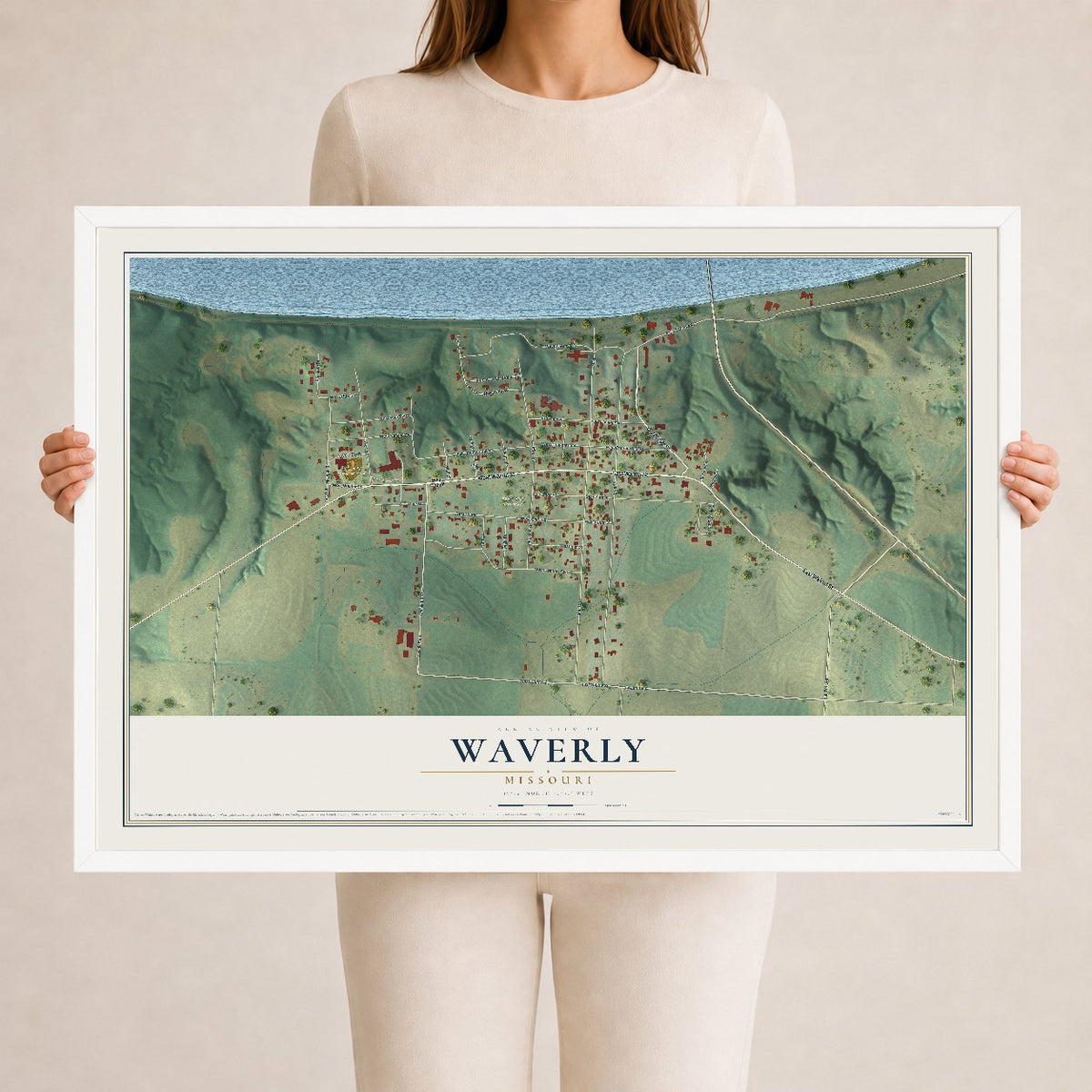 Map of Waverly, Missouri, 24 x 36 inch print in a white wood frame