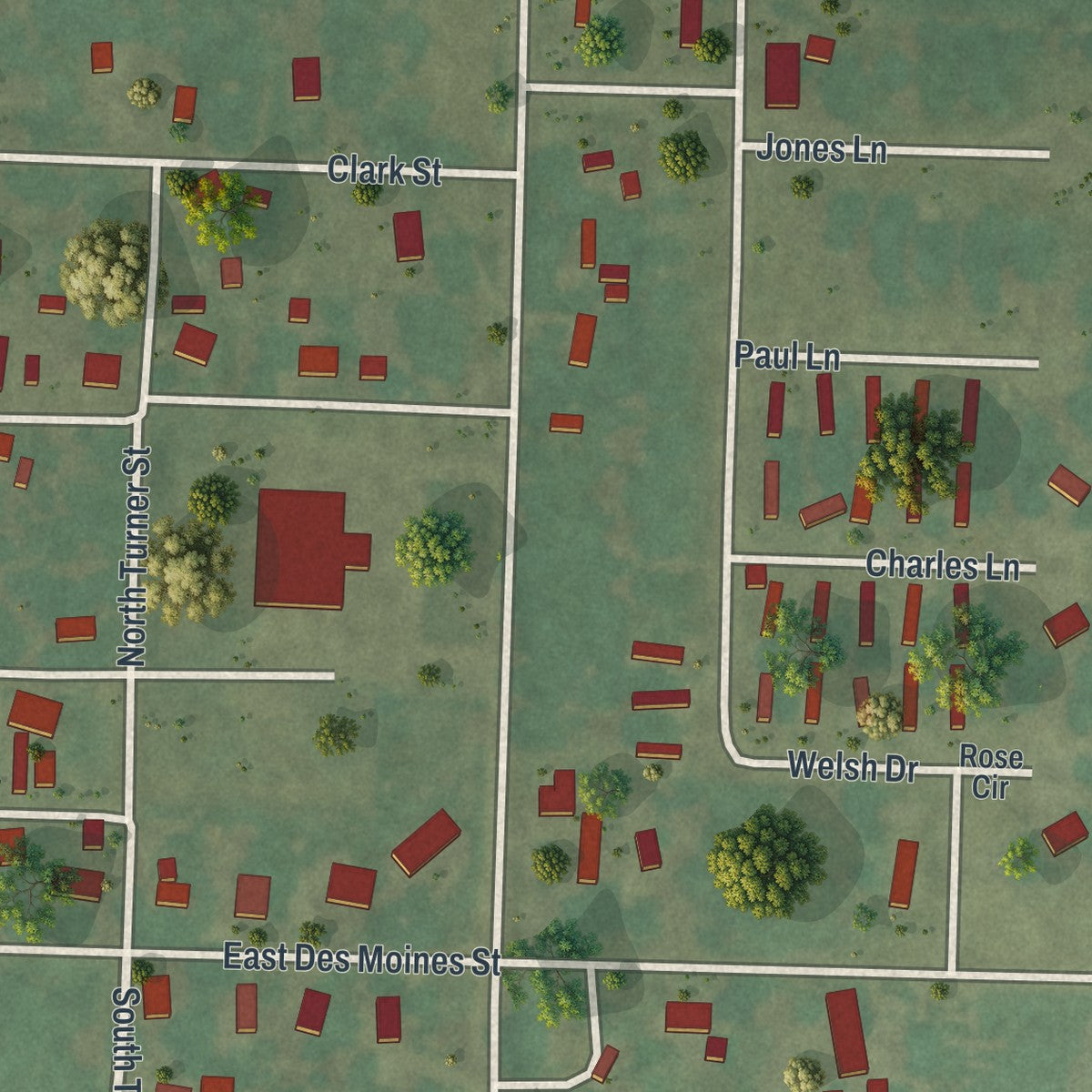 Second close-up of the map of Wayland, Missouri print showing more streets and buildings
