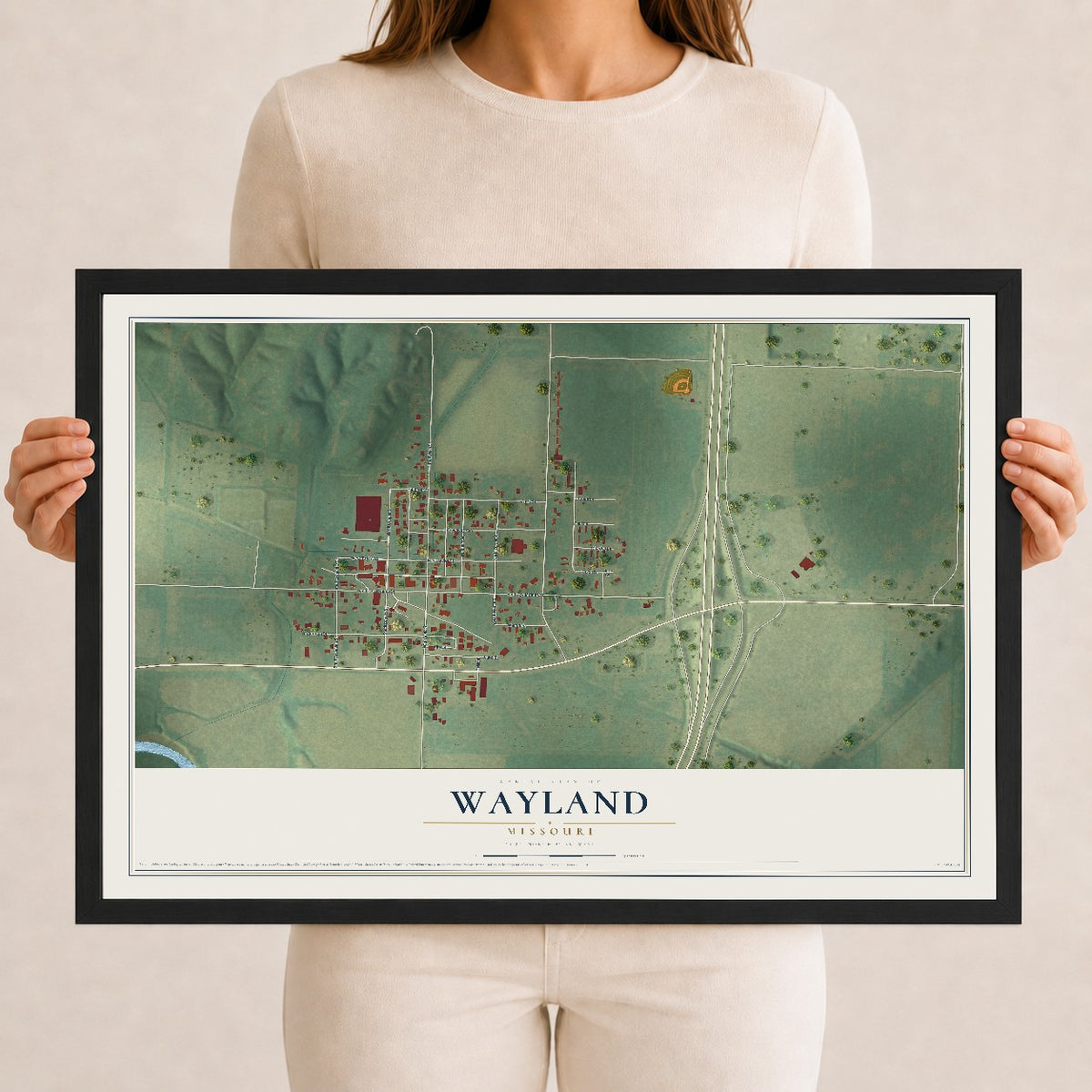 Map of Wayland, Missouri, 12 x 18 inch print in a black wood frame