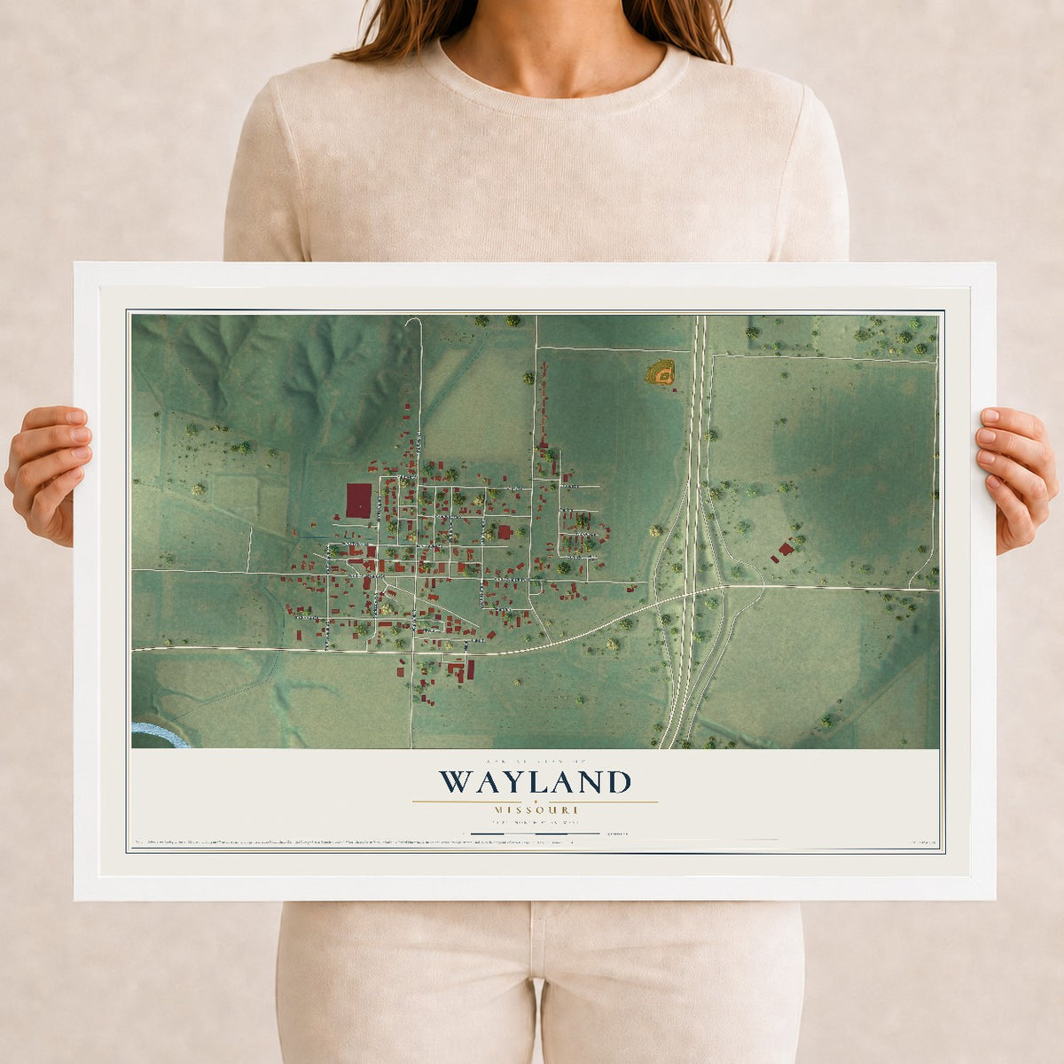 Map of Wayland, Missouri, 12 x 18 inch print in a white wood frame