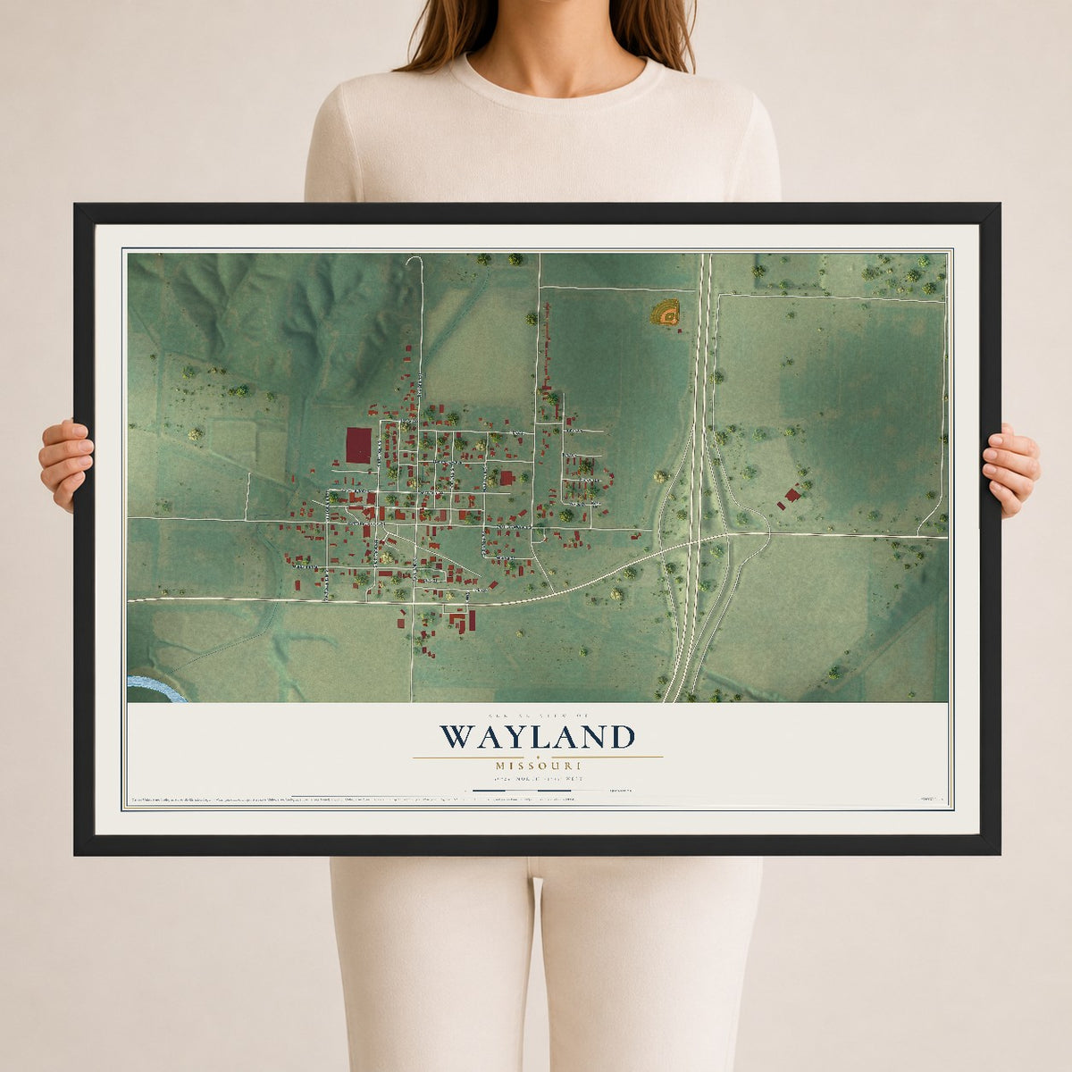 Map of Wayland, Missouri, 24 x 36 inch print in a black wood frame
