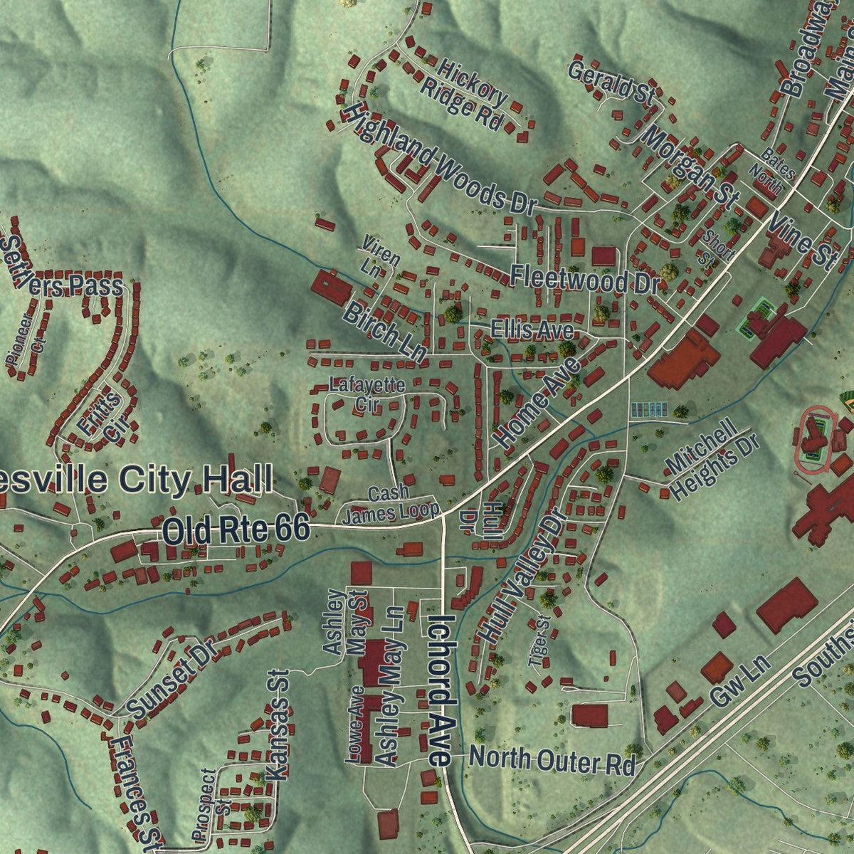 Close-up of the map of Waynesville, Missouri print showing street and building detail
