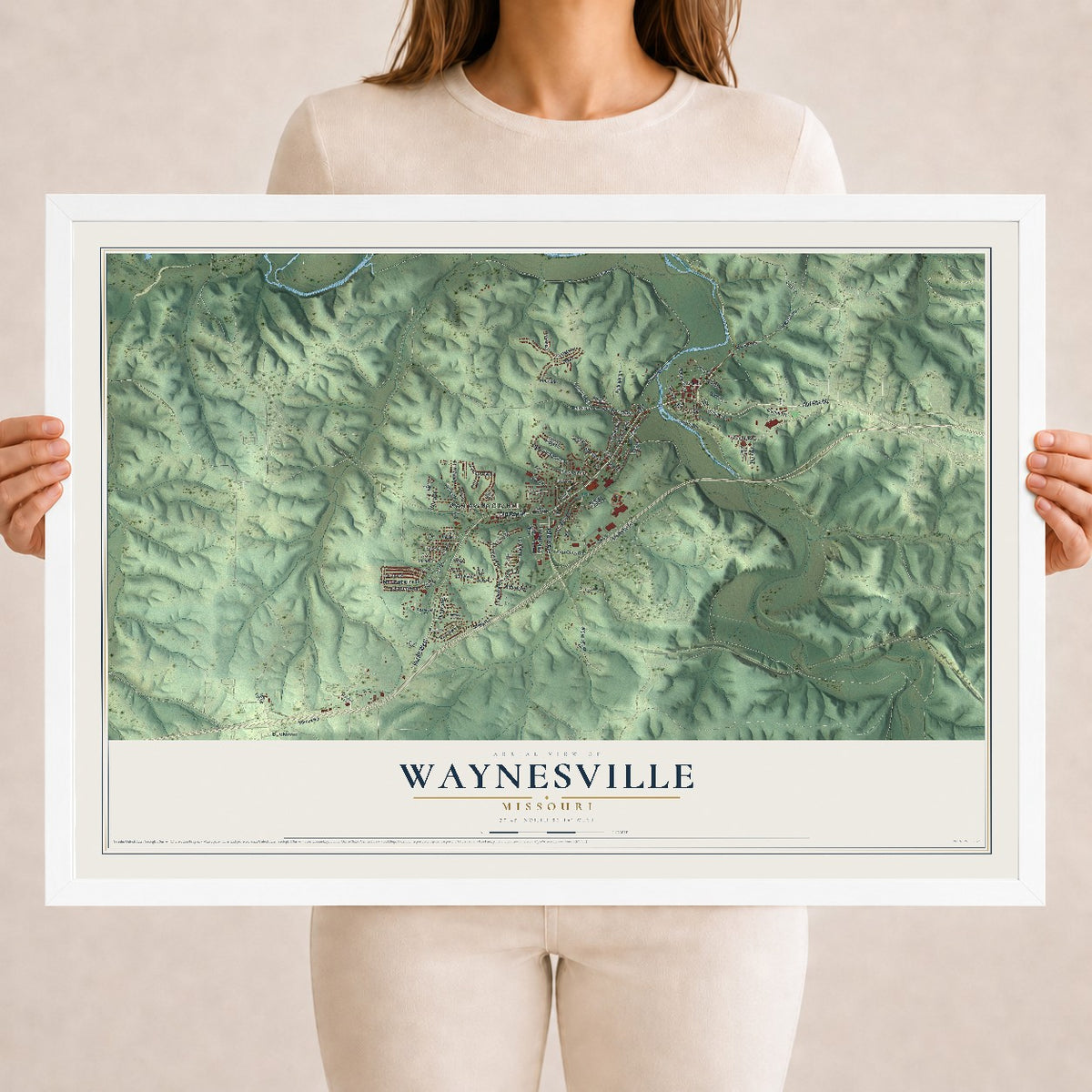 Map of Waynesville, Missouri, 18 x 24 inch print in a white wood frame