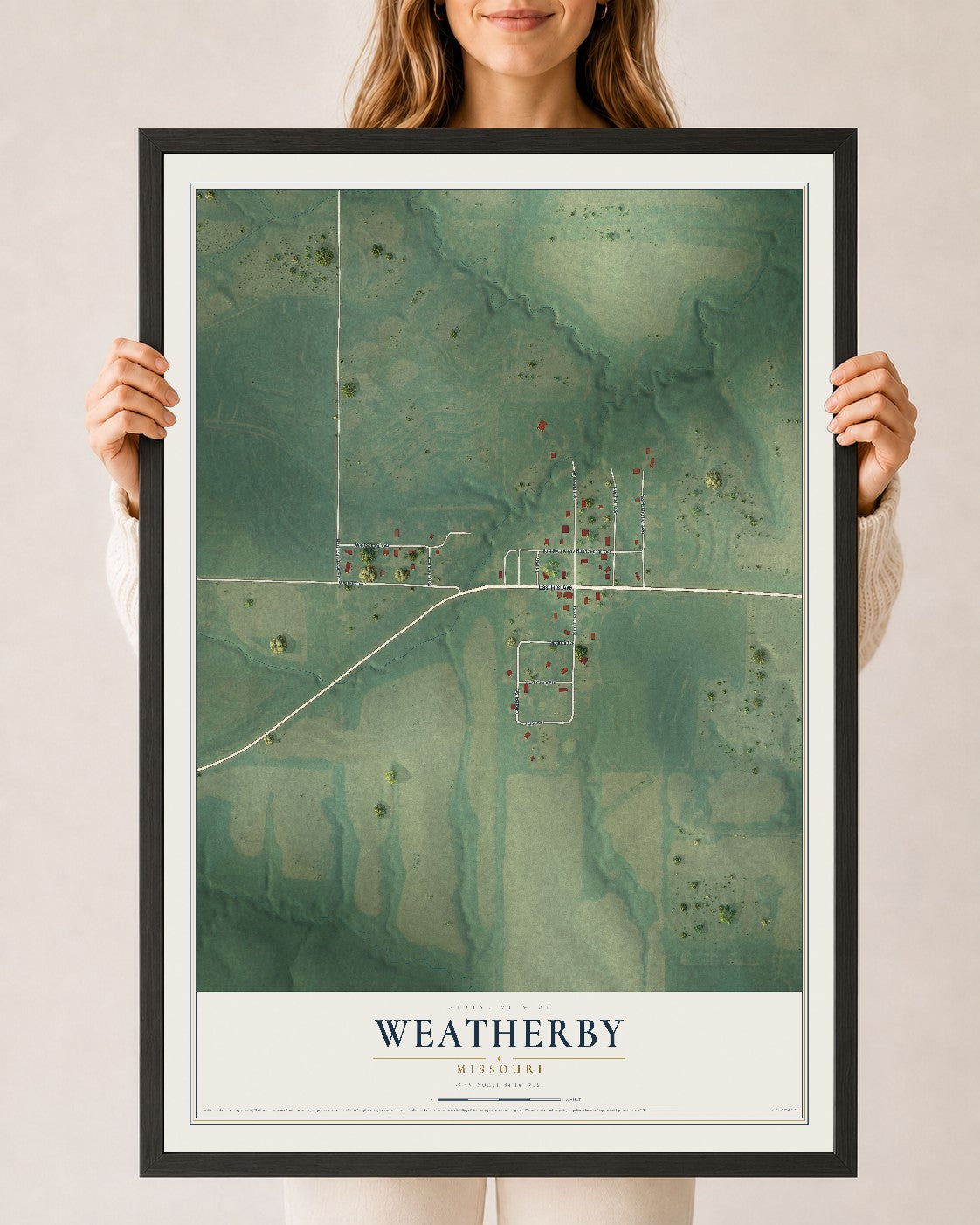 Map of Weatherby, Missouri, 24 x 36 inch print in a black wood frame