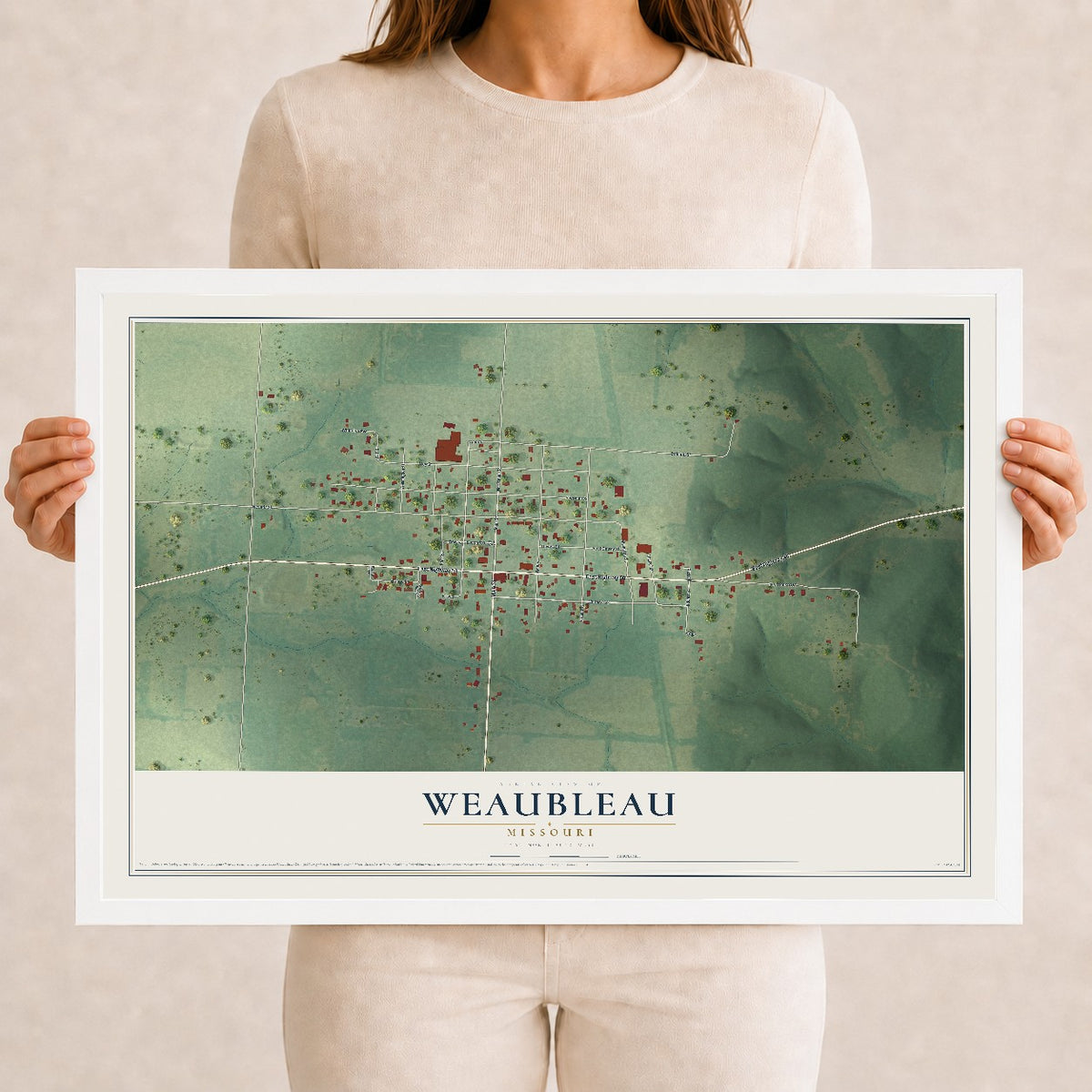 Map of Weaubleau, Missouri, 12 x 18 inch print in a white wood frame