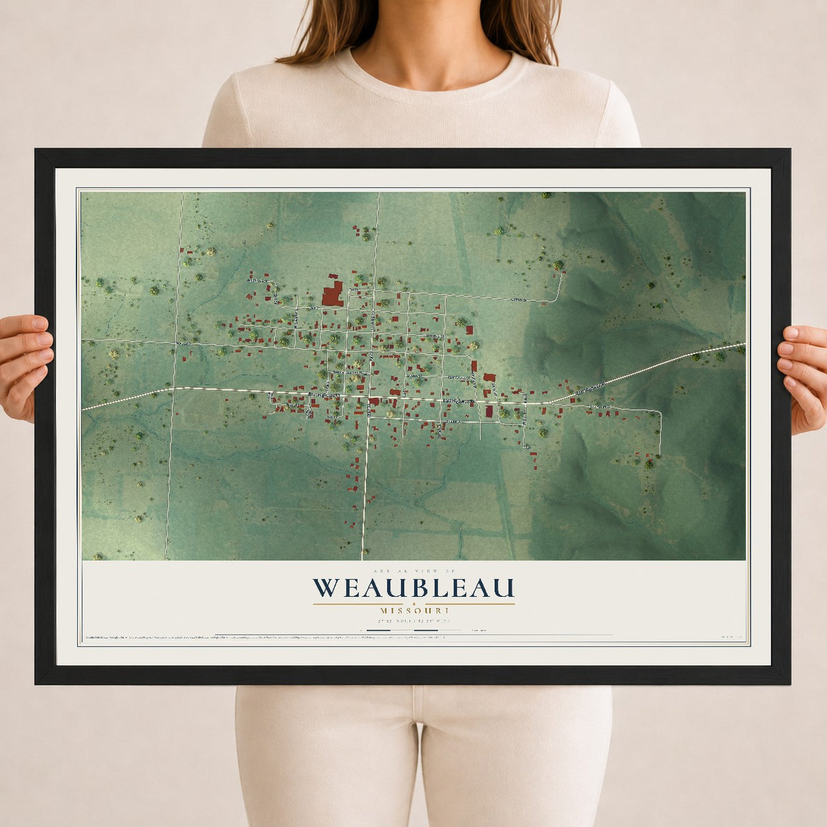 Map of Weaubleau, Missouri, 18 x 24 inch print in a black wood frame