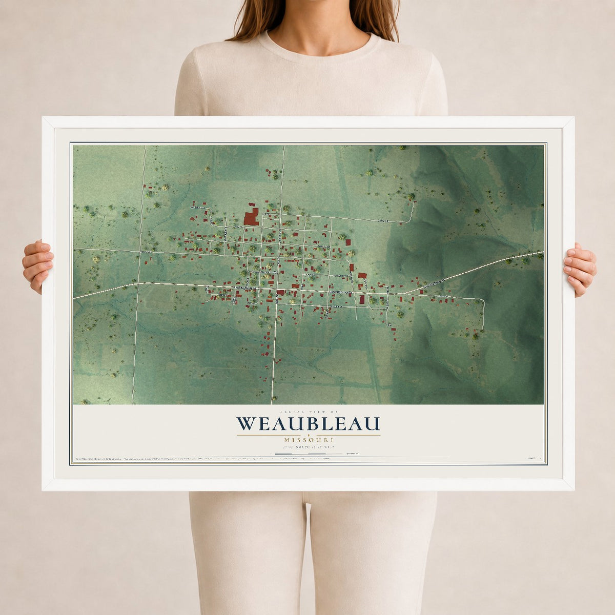 Map of Weaubleau, Missouri, 24 x 36 inch print in a white wood frame