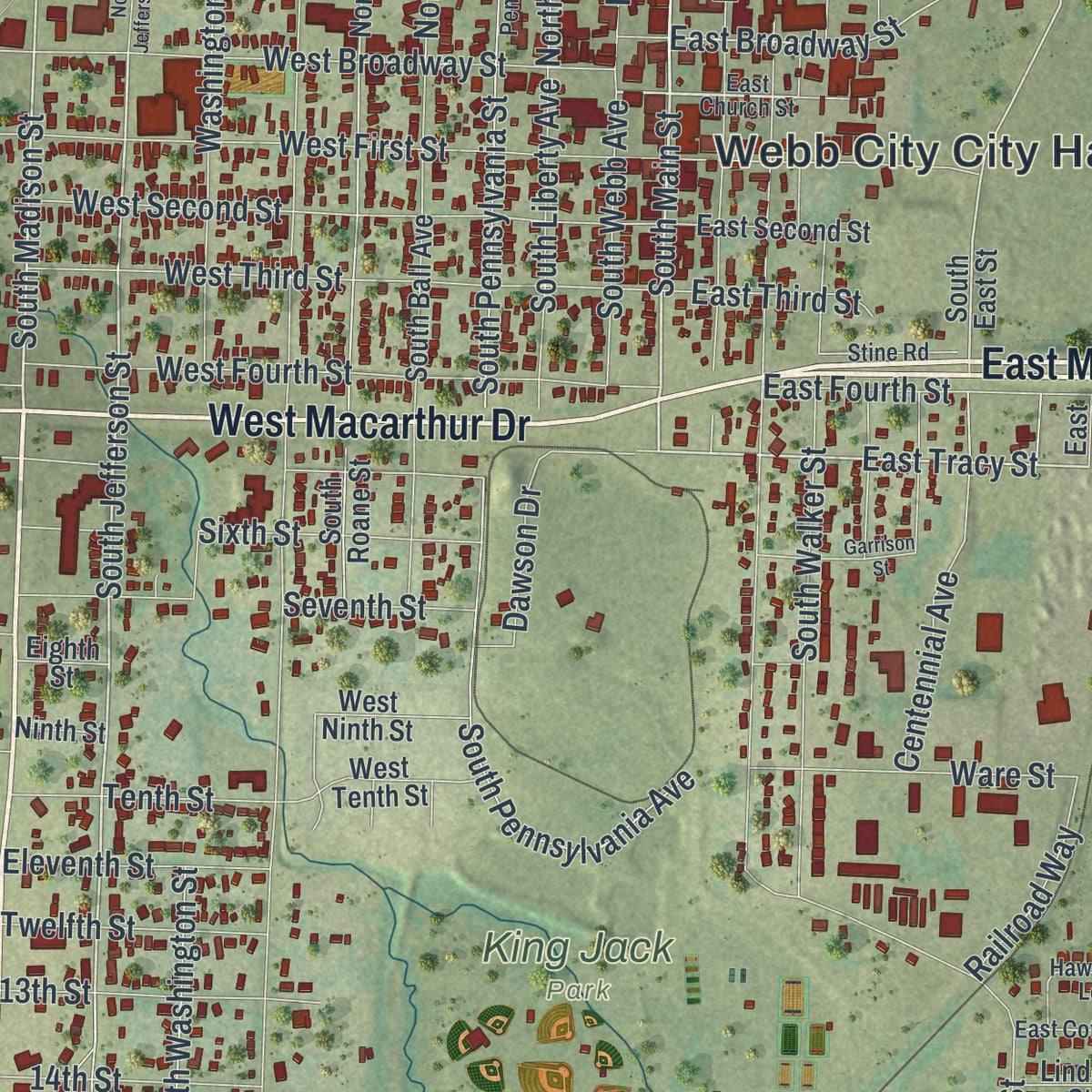 Close-up of the map of Webb City, Missouri print showing street and building detail