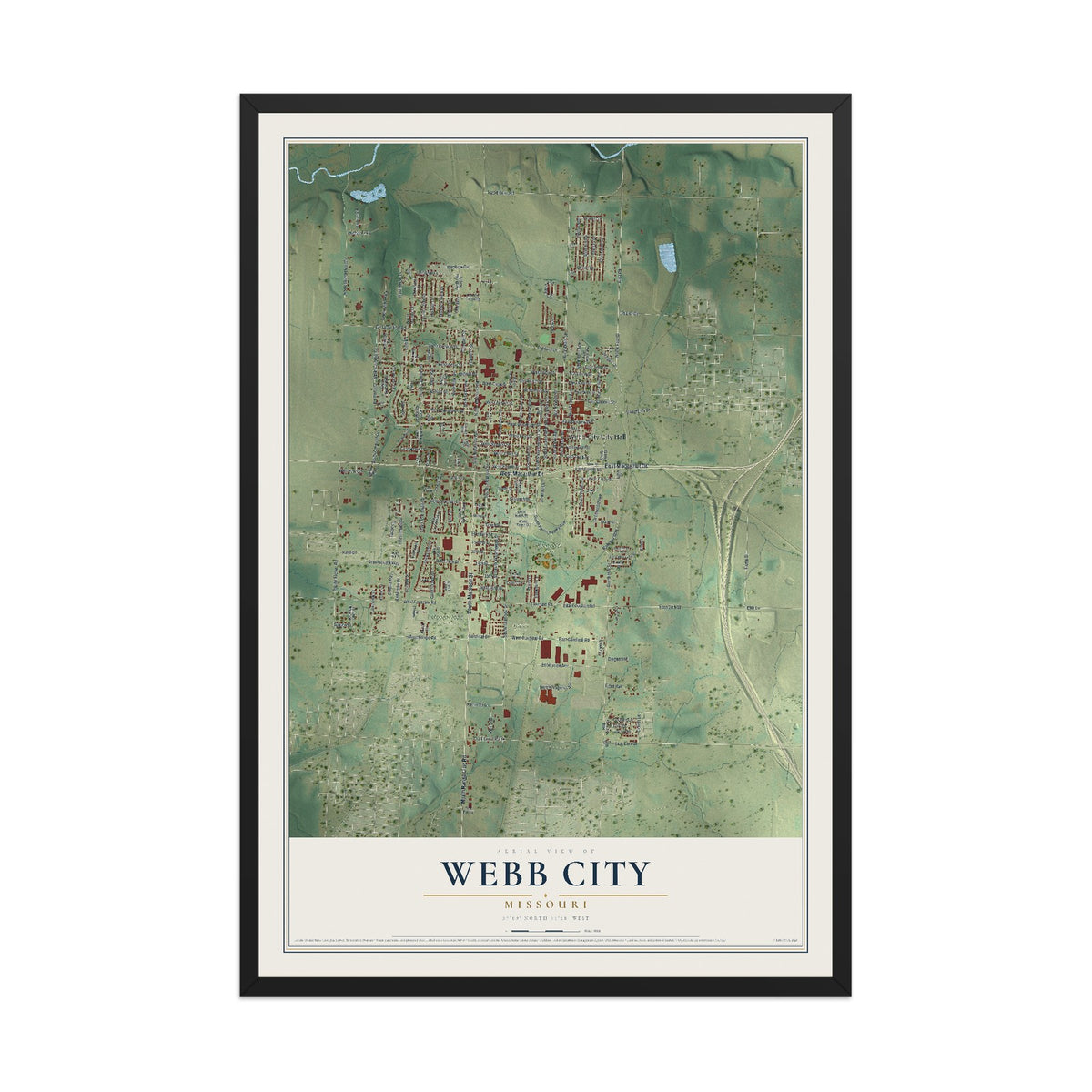 Map of Webb City, Missouri, 12 x 18 inch print in a black wood frame