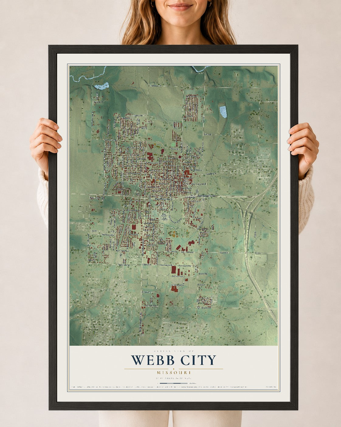 Map of Webb City, Missouri, 24 x 36 inch print in a black wood frame