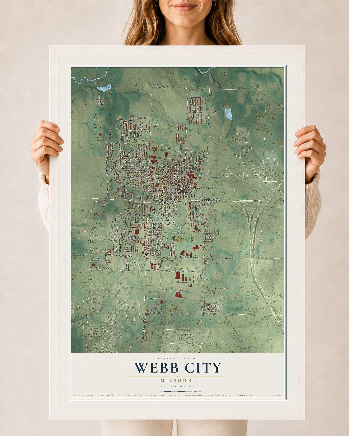 Map of Webb City, Missouri, 24 x 36 inch print in a white wood frame