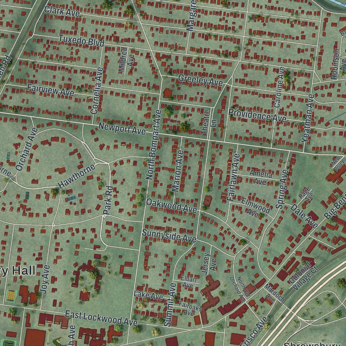 Second close-up of the map of Webster Groves, Missouri print showing more streets and buildings