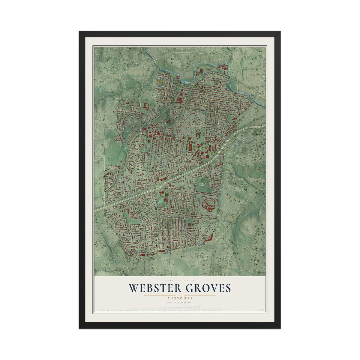 Map of Webster Groves, Missouri, 12 x 18 inch print in a black wood frame