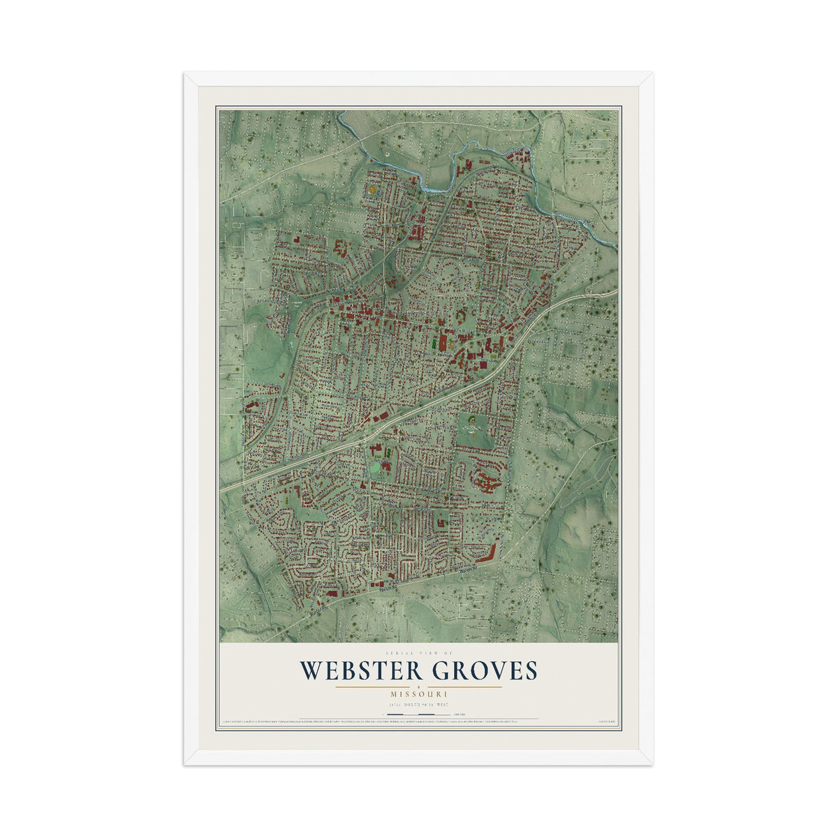 Map of Webster Groves, Missouri, 12 x 18 inch print in a white wood frame