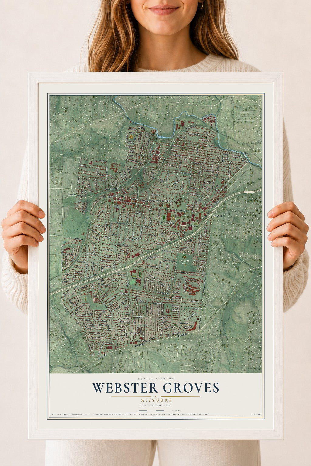 Map of Webster Groves, Missouri, 18 x 24 inch print in a white wood frame