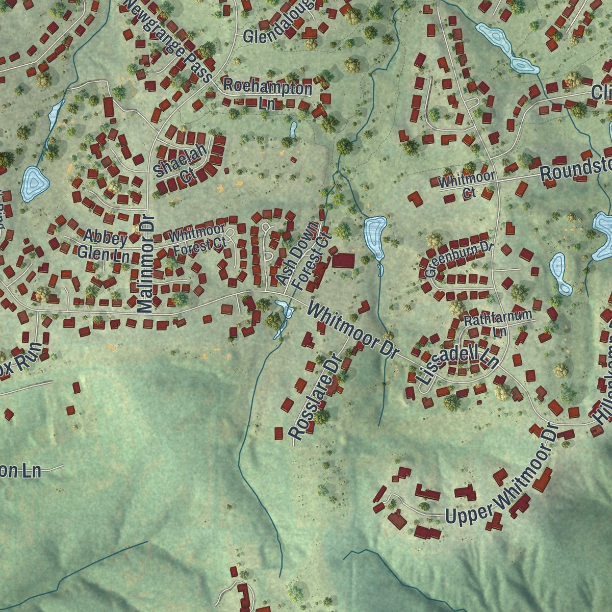 Close-up of the map of Weldon Spring, Missouri print showing street and building detail