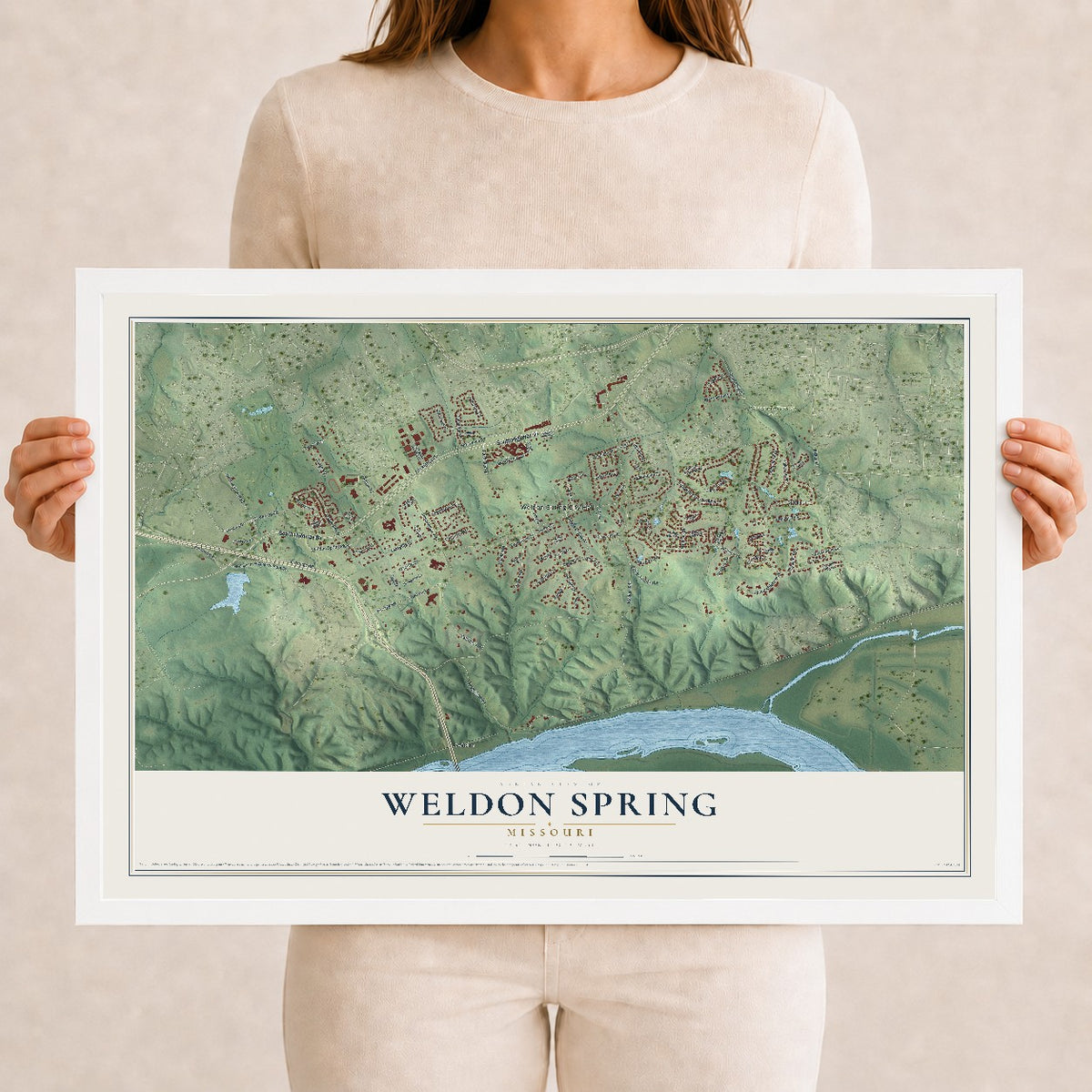 Map of Weldon Spring, Missouri, 12 x 18 inch print in a white wood frame